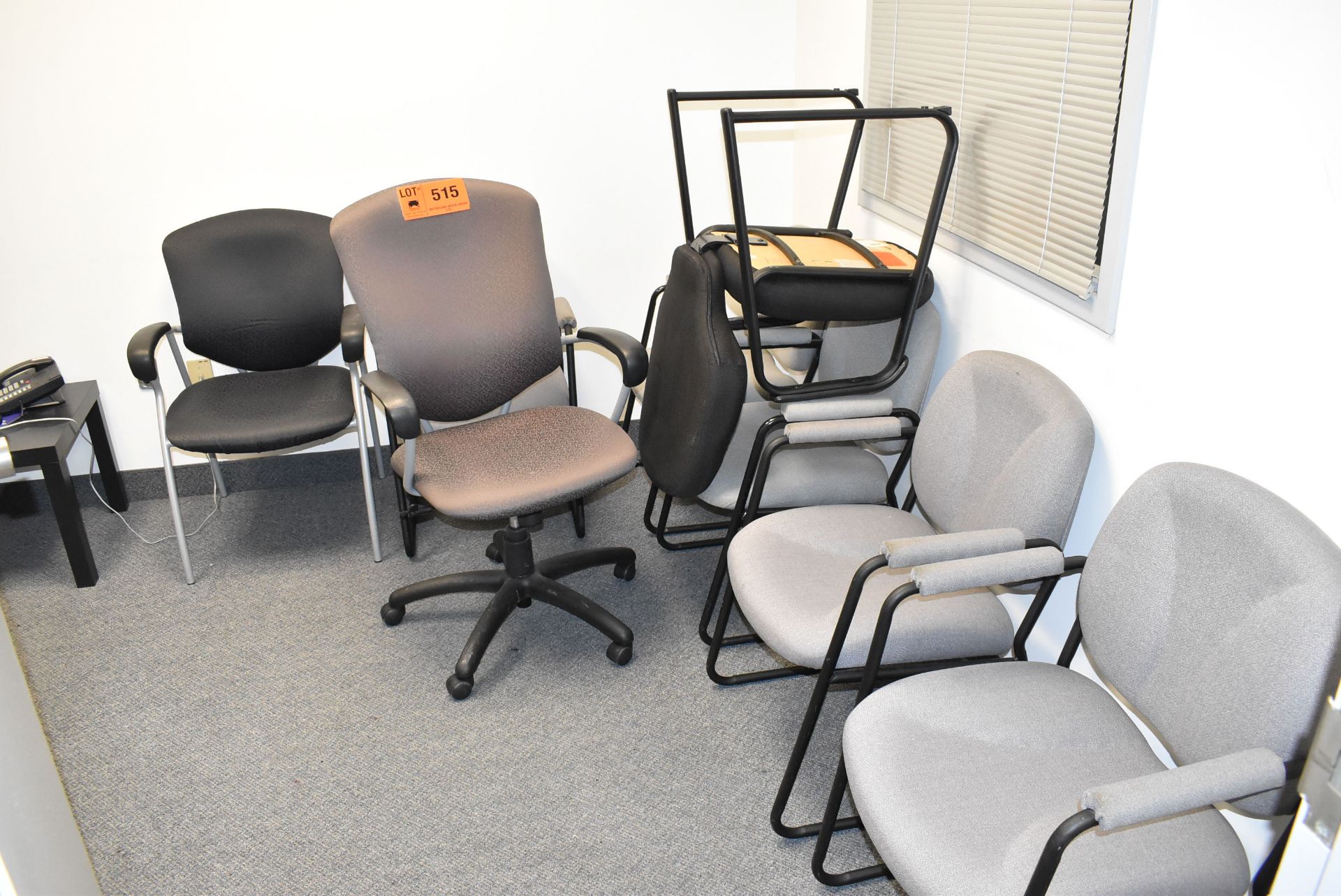 LOT/ CONTENTS OF ROOM CONSISTING OF COUCH, ARMCHAIR, END TABLE, OFFICE CHAIR & (7) RECEPTION CHAIRS