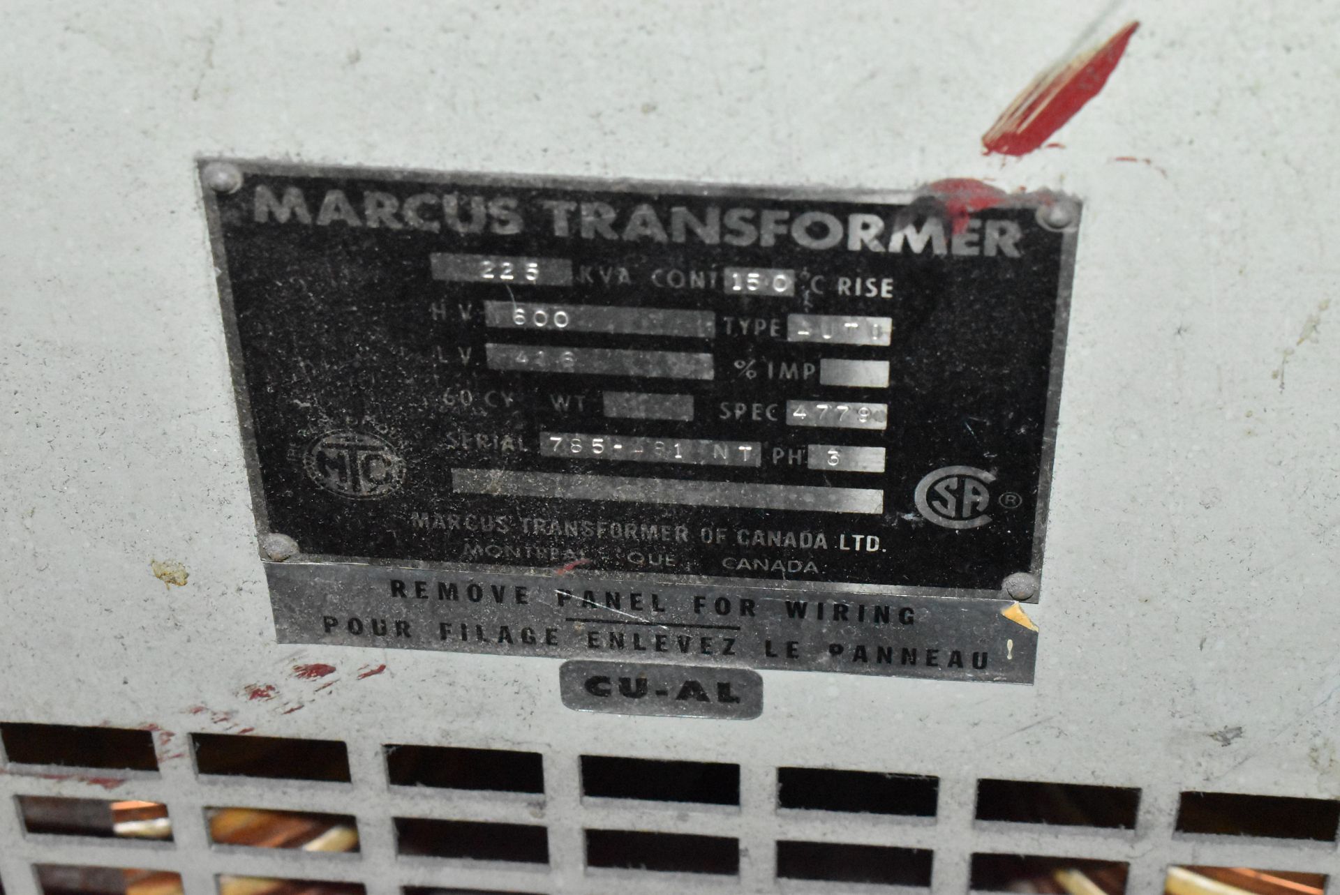 MARCUS 225 KVA TRANSFORMER WITH 600HV/416LV/3PH/60HZ (CI) [RIGGING FEE FOR LOT #458 - $350 CAD - Image 2 of 2
