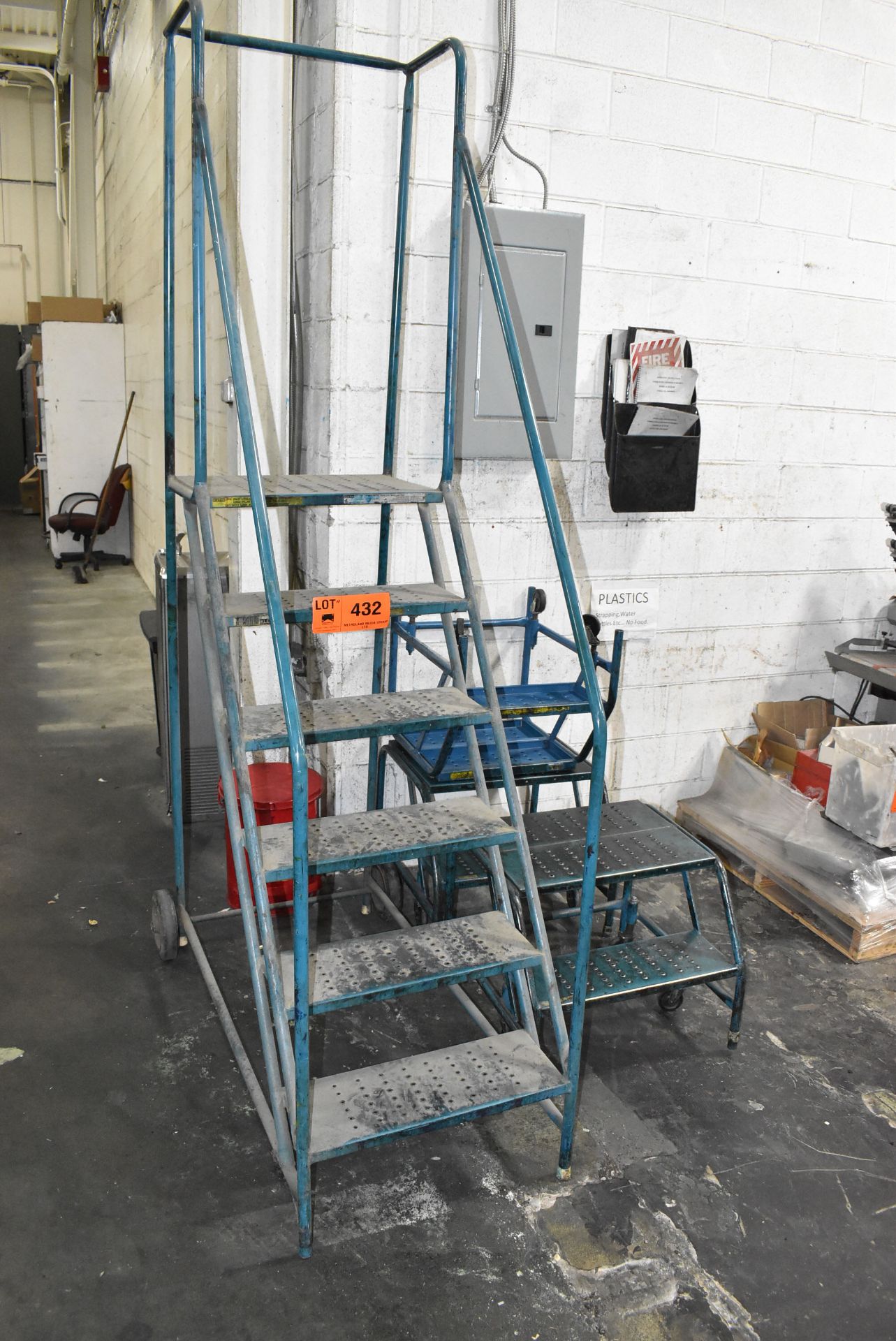 LOT/ ROLLING SHOP LADDER & STEP STOOLS WITH SAFETY CAN