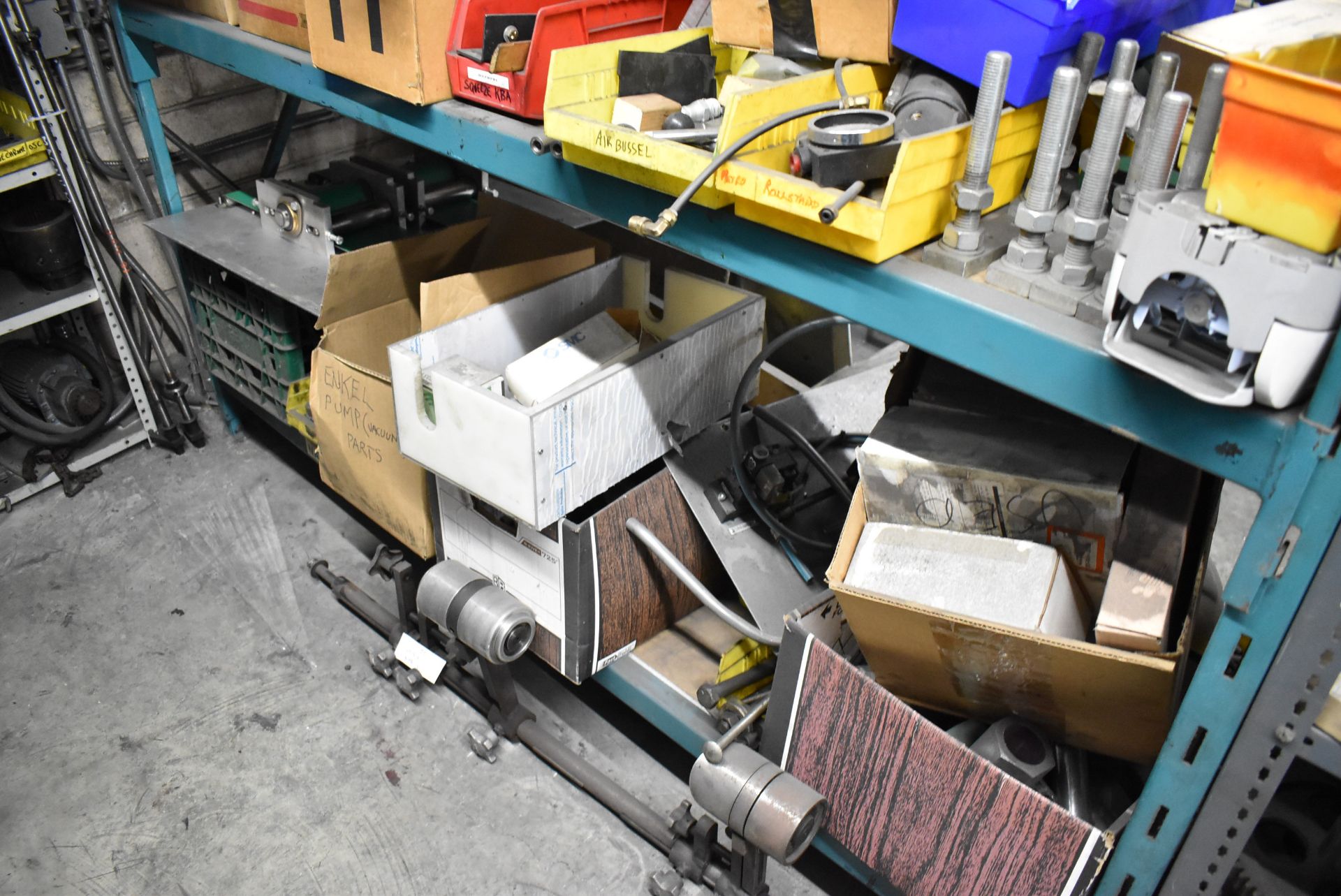 LOT/ (2) SECTIONS OF STEEL SHELVING WITH CONTENTS - INCLUDING AIR FILTERS, SPROCKETS, GEARS, BELTS - Image 11 of 11