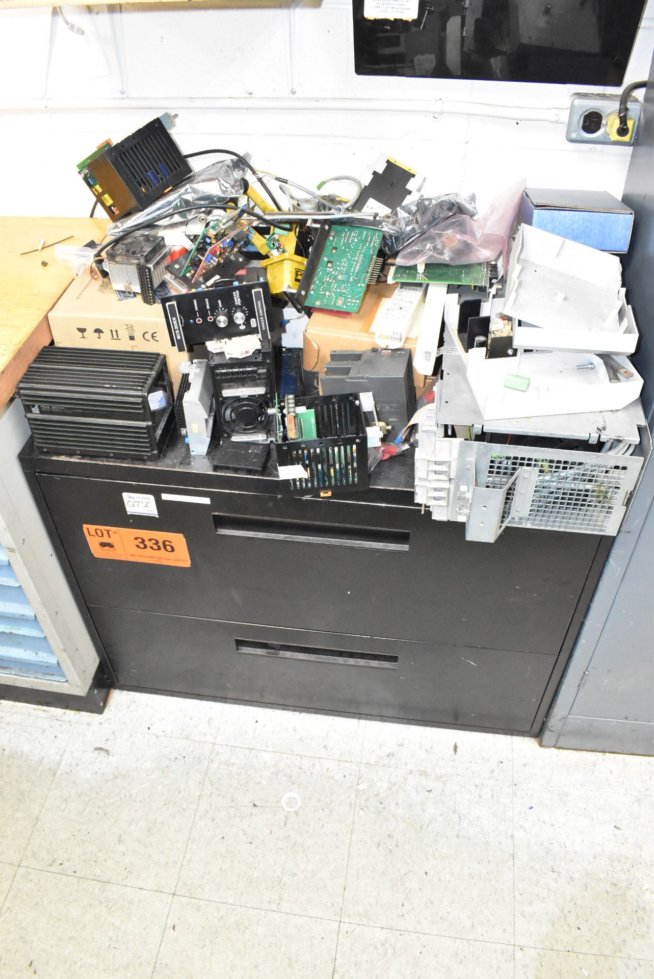 LOT/ 2-DRAWER LATERAL FILE CABINET WITH CONTENTS - INCLUDING CIRCUIT BOARDS, CABLES, ELECTRICAL