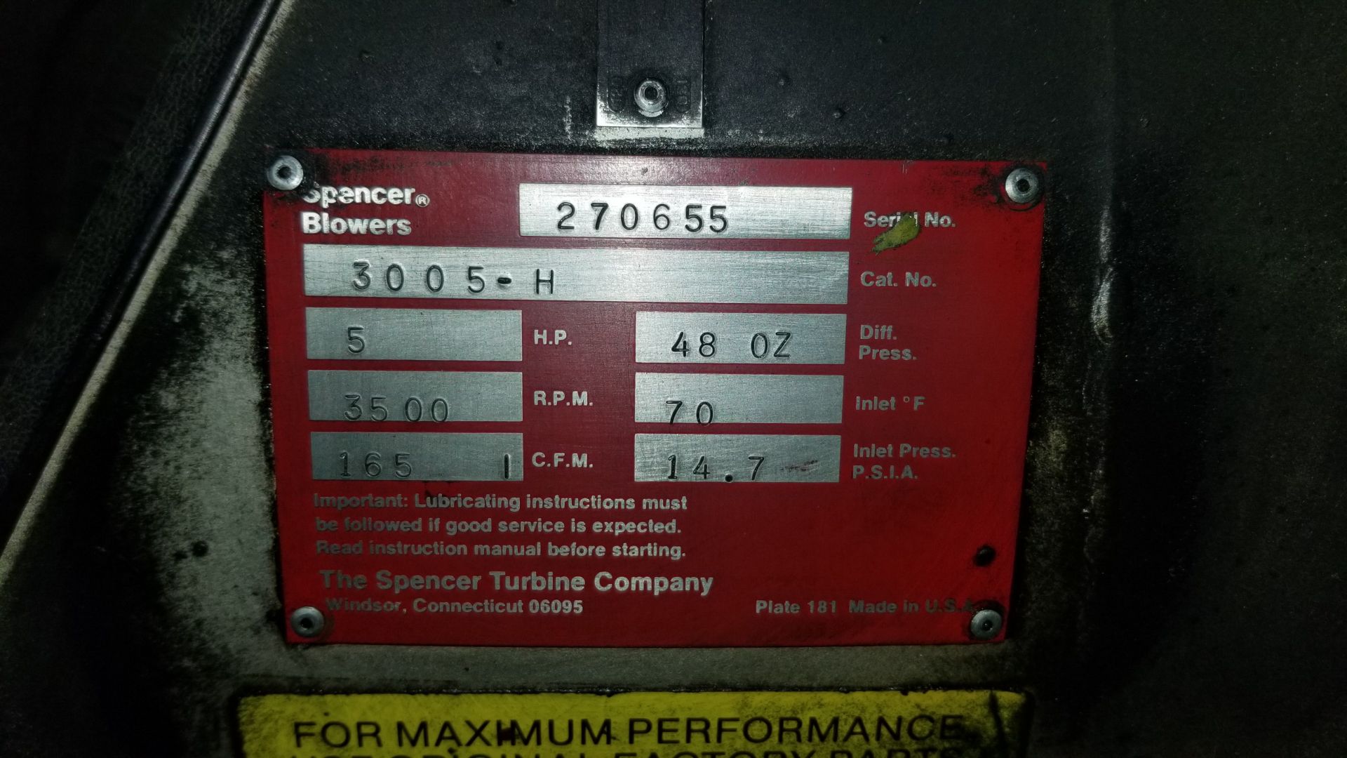 SPENCER BLOWERS 5 HP BLOWER WITH 3500 RPM, 165 CFM, S/N: 270655 (CI) [RIGGING FEE FOR LOT #159 - $ - Image 2 of 2
