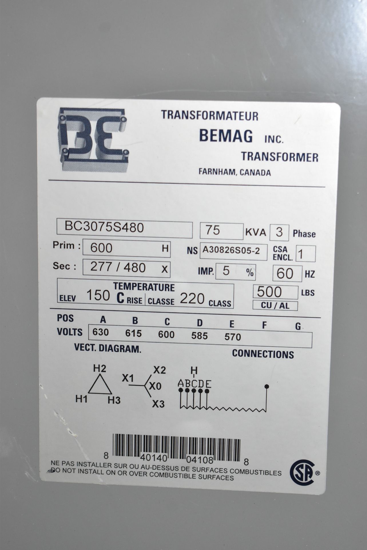 BEMAG 75 KVA TRANSFORMER WITH 600HV-277/480LV-3PH-60HZ (CI) (DELAYED ...