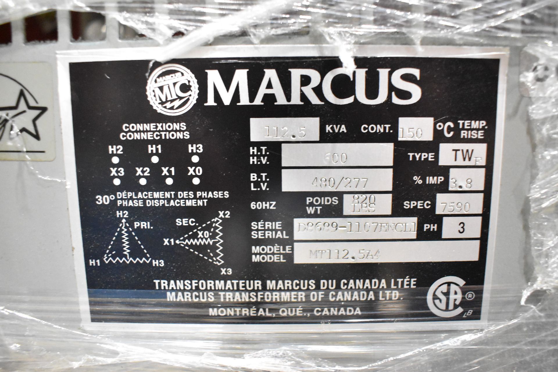 LOT/ MARCUS 112.5 KVA TRANSFORMER WITH 600HV-480/227LV/3PH/60HZ & DISCONNECT BOX - Image 3 of 3