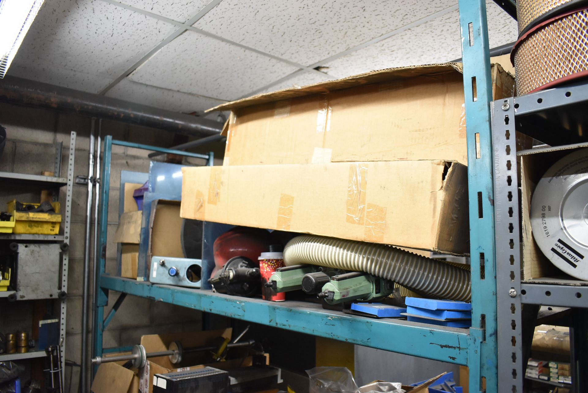 LOT/ (2) SECTIONS OF STEEL SHELVING WITH CONTENTS - INCLUDING AIR FILTERS, SPROCKETS, GEARS, BELTS - Image 9 of 11