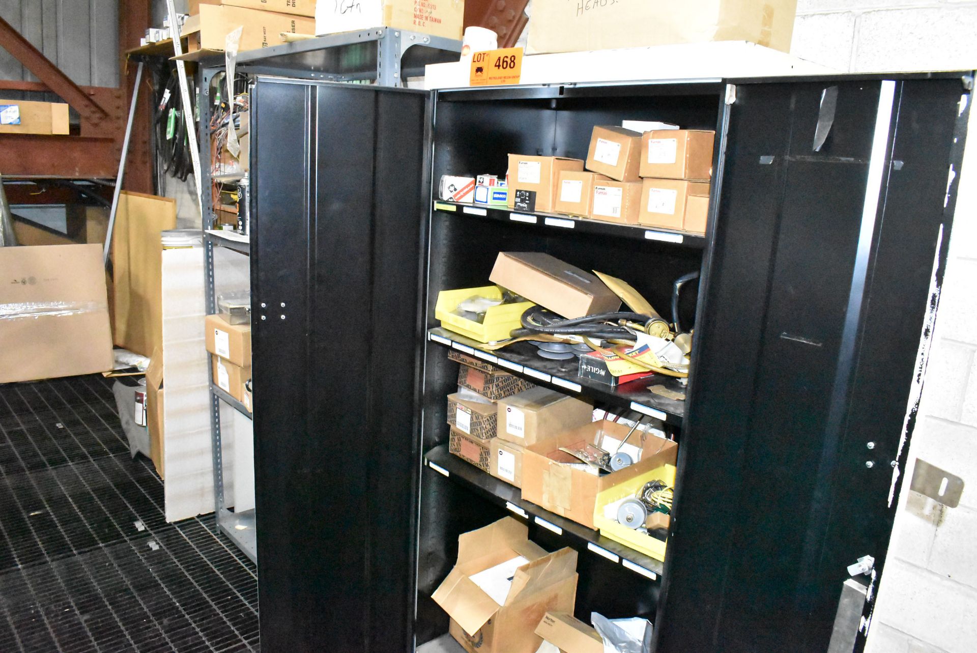 LOT/ HIGHBOY CABINET & STEEL SHELF WITH CONTENTS - INCLUDING SHOP SUPPLIES, SPARE PARTS,