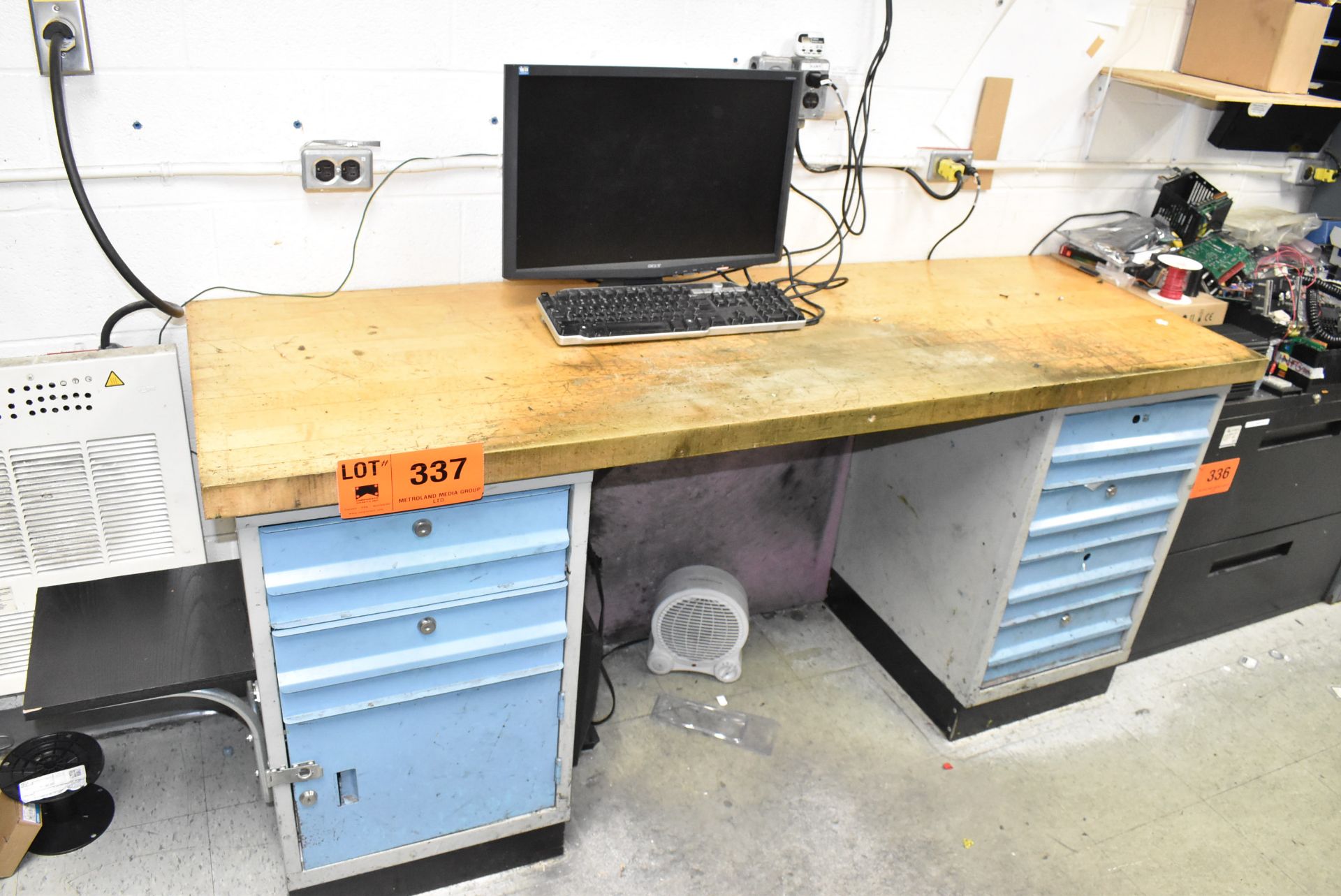 LOT/ LISTA-TYPE BUTCHER BLOCK TOP 5-DRAWER WORK BENCH WITH CONTENTS - INCLUDING ELECTRICAL