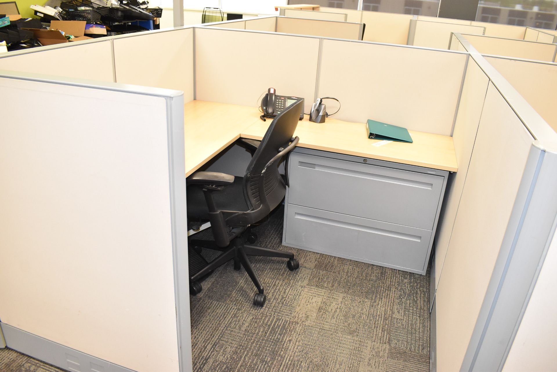 LOT/ (10) CUBICLE WORKSTATIONS WITH ASSOCIATED OFFICE CHAIRS & FILE CABINETS - Image 11 of 11