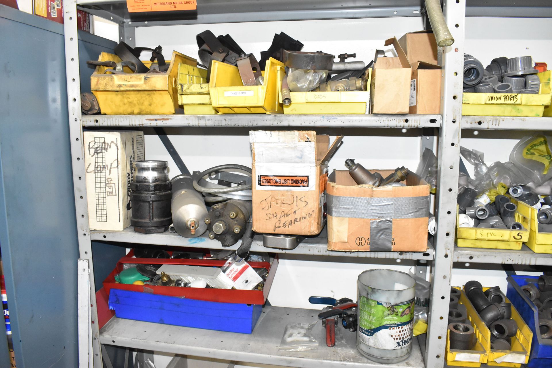 LOT/ (2) SECTIONS OF STEEL SHELVES WITH CONTENTS - INCLUDING PIPE FITTING, ELBOWS, PVC FITTINGS, - Image 3 of 8