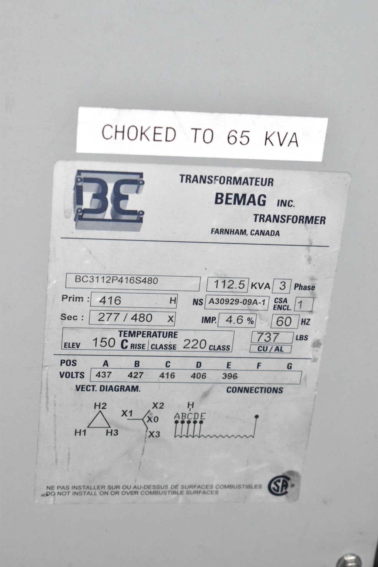 BEMAG 112.5 KVA TRANSFORMER WITH 416HV-227/460LV-3PH-60HZ, S/N: N/A (CI) [RIGGING FEE FOR LOT #165 - - Image 2 of 2