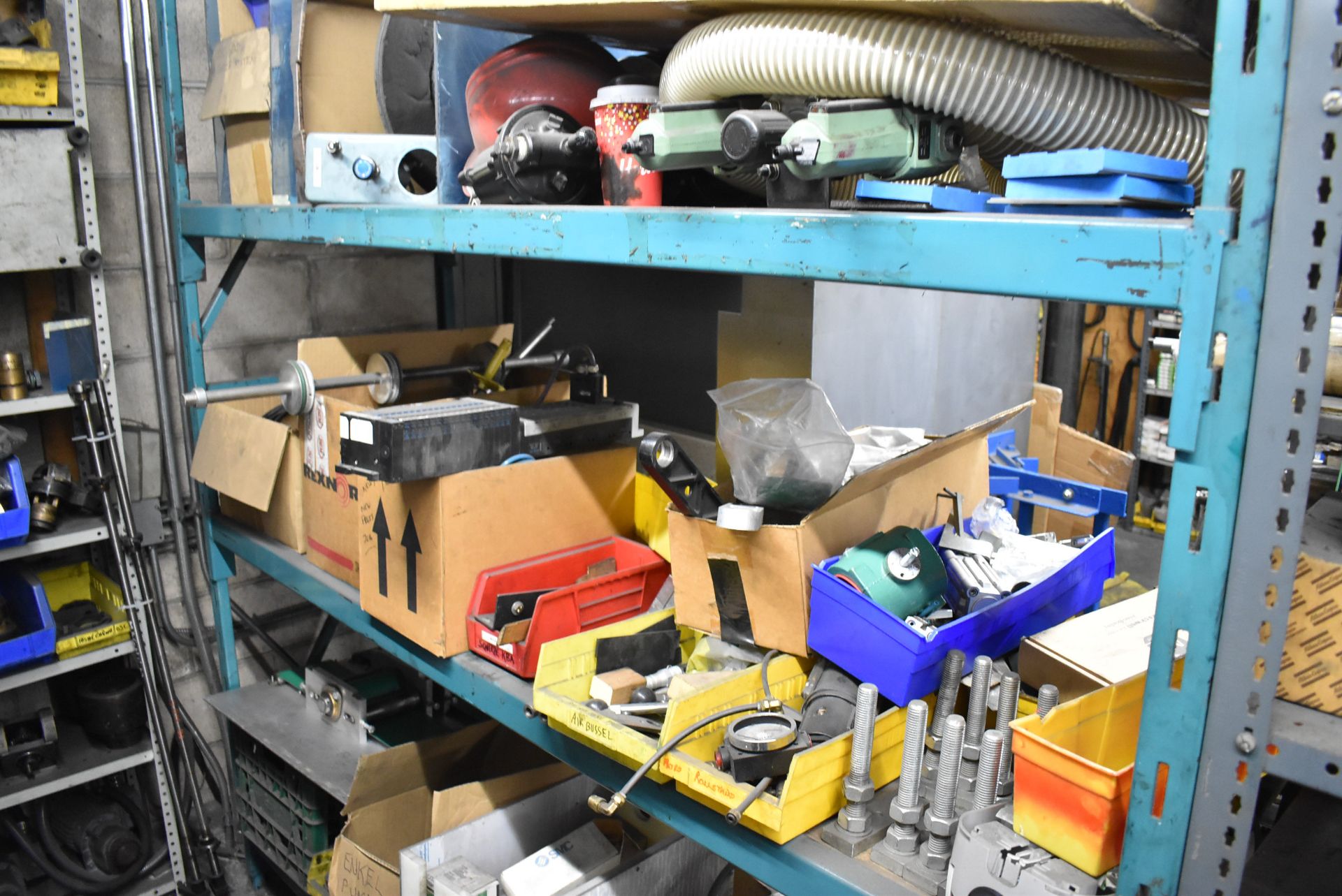 LOT/ (2) SECTIONS OF STEEL SHELVING WITH CONTENTS - INCLUDING AIR FILTERS, SPROCKETS, GEARS, BELTS - Image 10 of 11