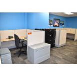 LOT/ (3) CUBICLE WORKSTATIONS WITH ASSOCIATED OFFICE CHAIRS & FILE CABINETS