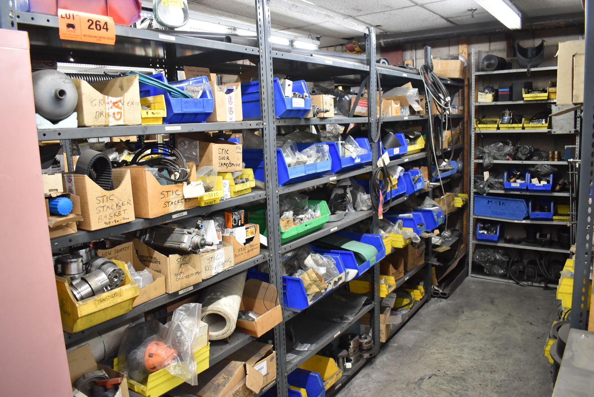 LOT/ (5) SECTIONS OF STEEL SHELVING WITH CONTENTS - INCLUDING BEARINGS, DRIVE BELTS, GAUGES,