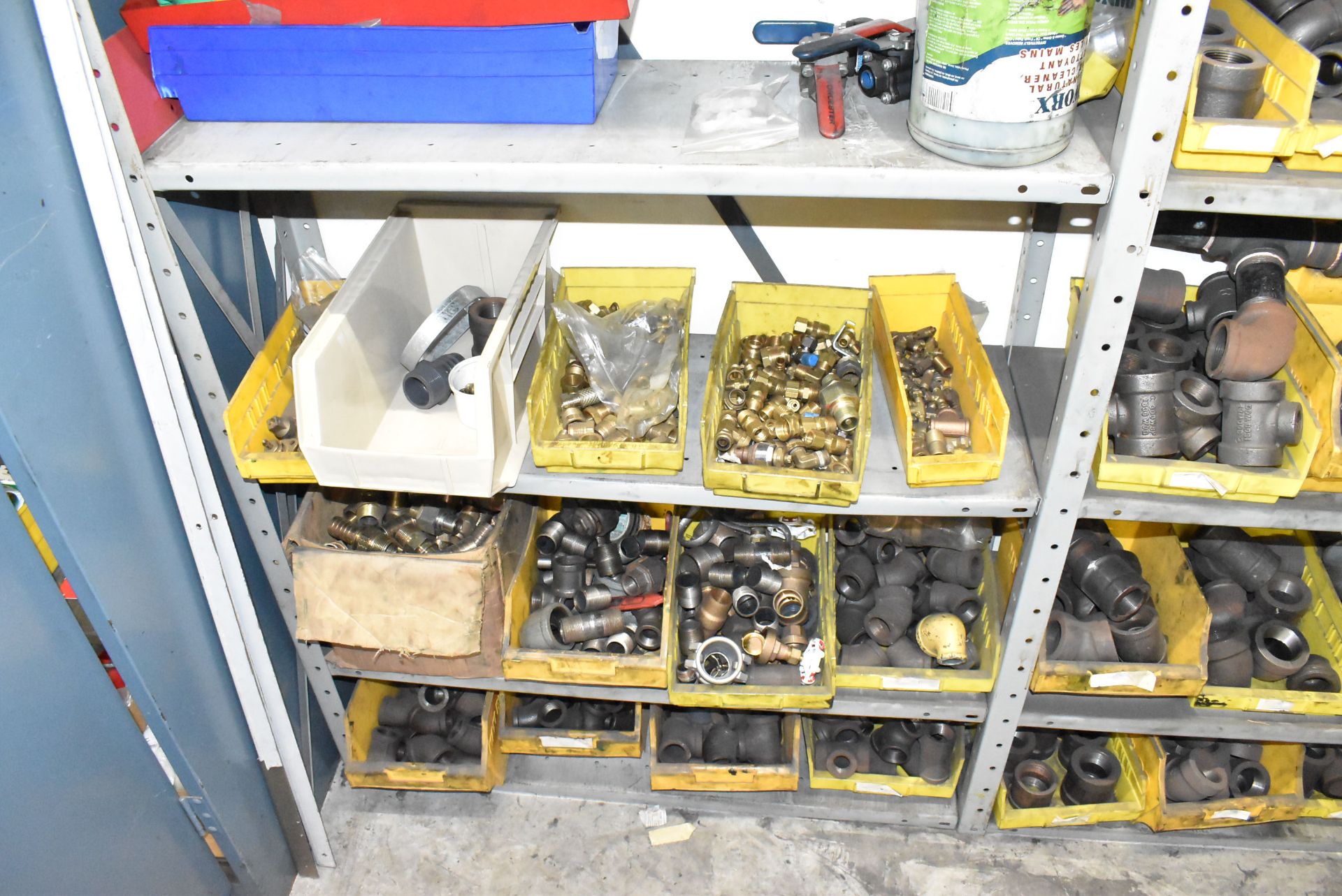 LOT/ (2) SECTIONS OF STEEL SHELVES WITH CONTENTS - INCLUDING PIPE FITTING, ELBOWS, PVC FITTINGS, - Image 5 of 8