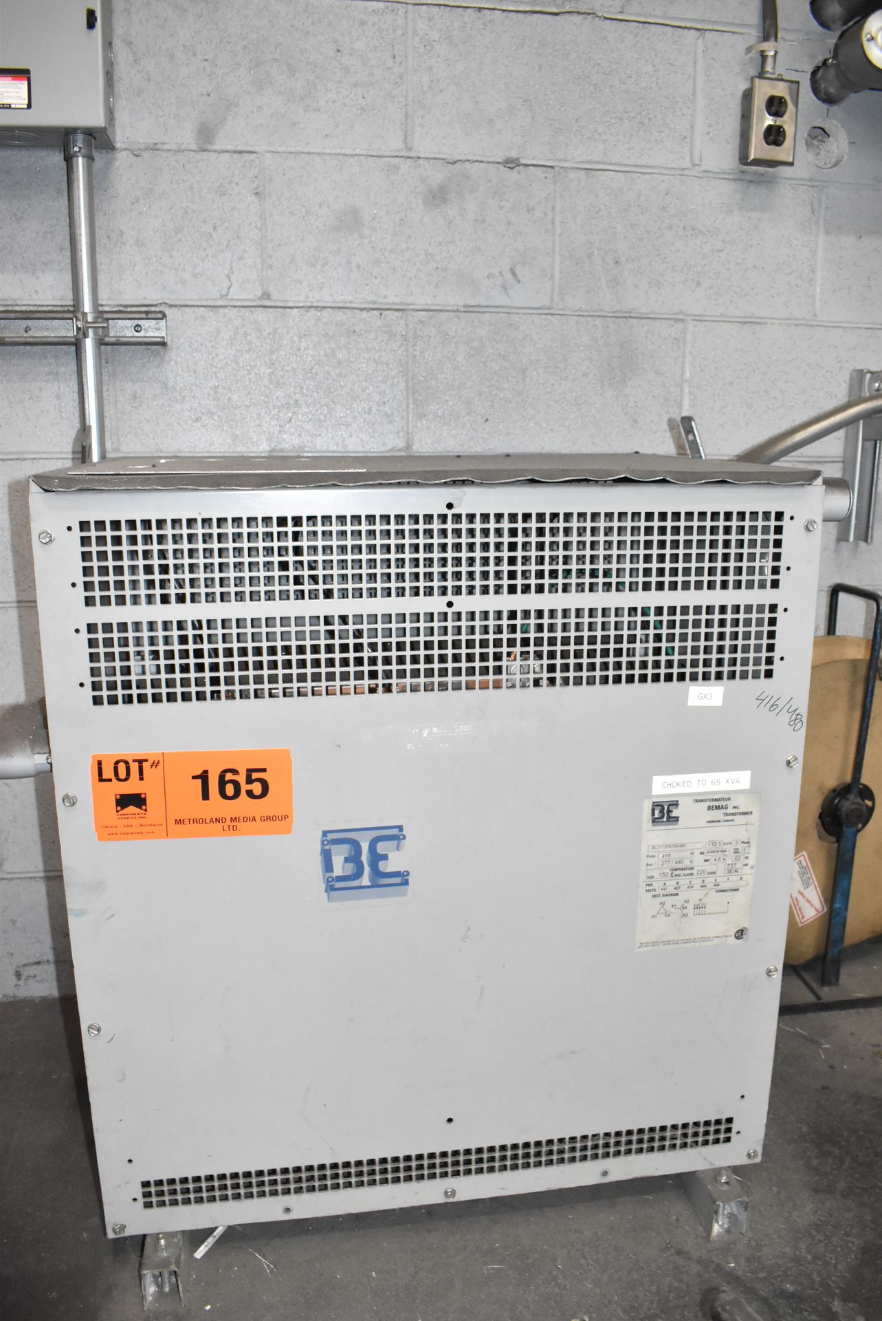 BEMAG 112.5 KVA TRANSFORMER WITH 416HV-227/460LV-3PH-60HZ, S/N: N/A (CI) [RIGGING FEE FOR LOT #165 -