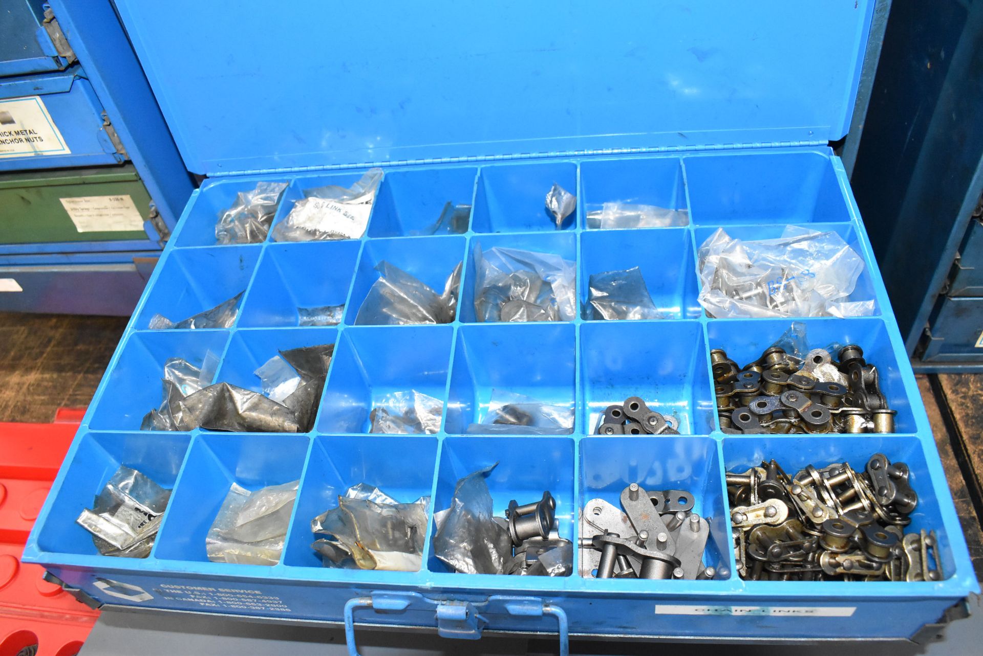 LOT/ MULTI-DRAWER STORAGE CABINET WITH STAND & CONTENTS - INCLUDING ROLLER CHAIN LINKS, PINS, - Image 2 of 10