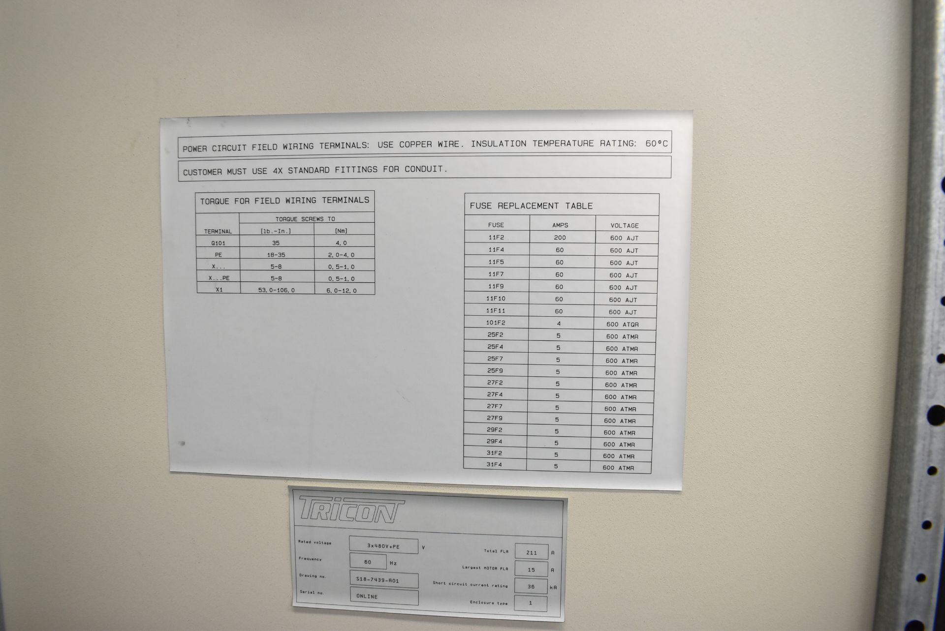 TRICON CONTROL CABINET WITH 3X480V+PE RATED VOLTAGE, 60HZ, 34A TOTAL FLA (CI) (DELAYED DELIVERY) [ - Image 32 of 41