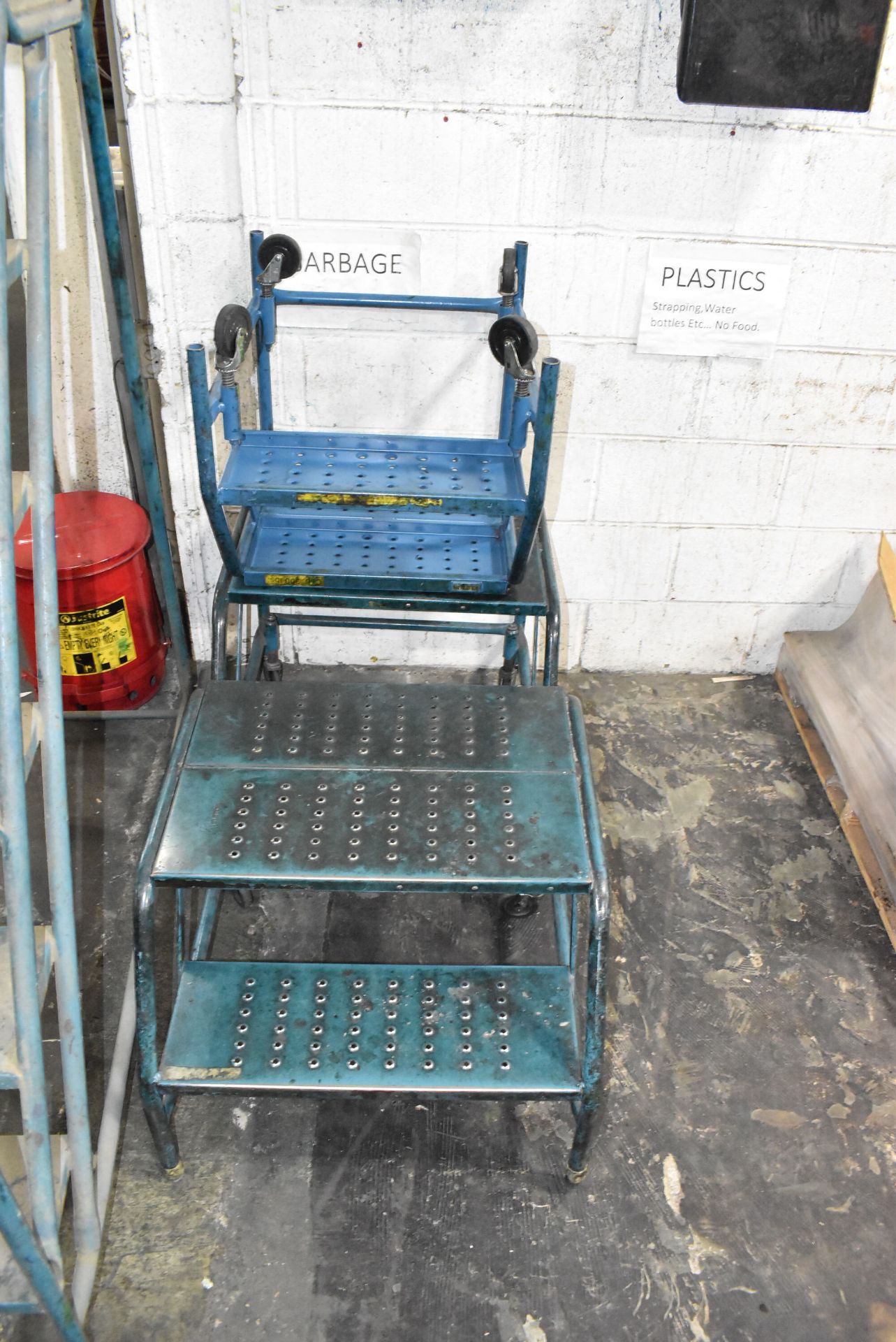 LOT/ ROLLING SHOP LADDER & STEP STOOLS WITH SAFETY CAN - Image 2 of 3