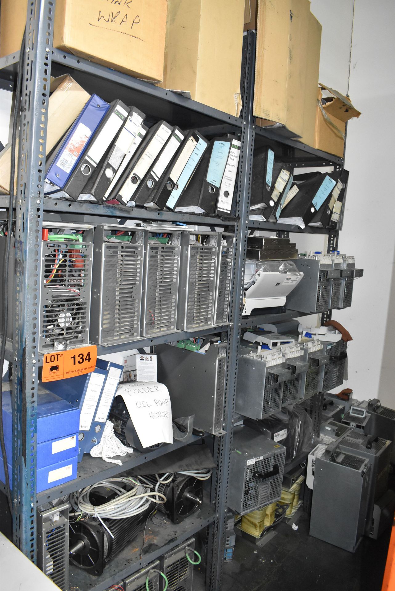 LOT/ (2) SECTIONS OF STEEL SHELVES WITH CONTENTS - INCLUDING ELECTRIC MOTORS, COMPUTER MODULES