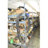 LOT/ (5) SECTIONS OF STEEL SHELVING WITH CONTENTS - INCLUDING HYDRAULIC HOSES, KBA SPARE PARTS,