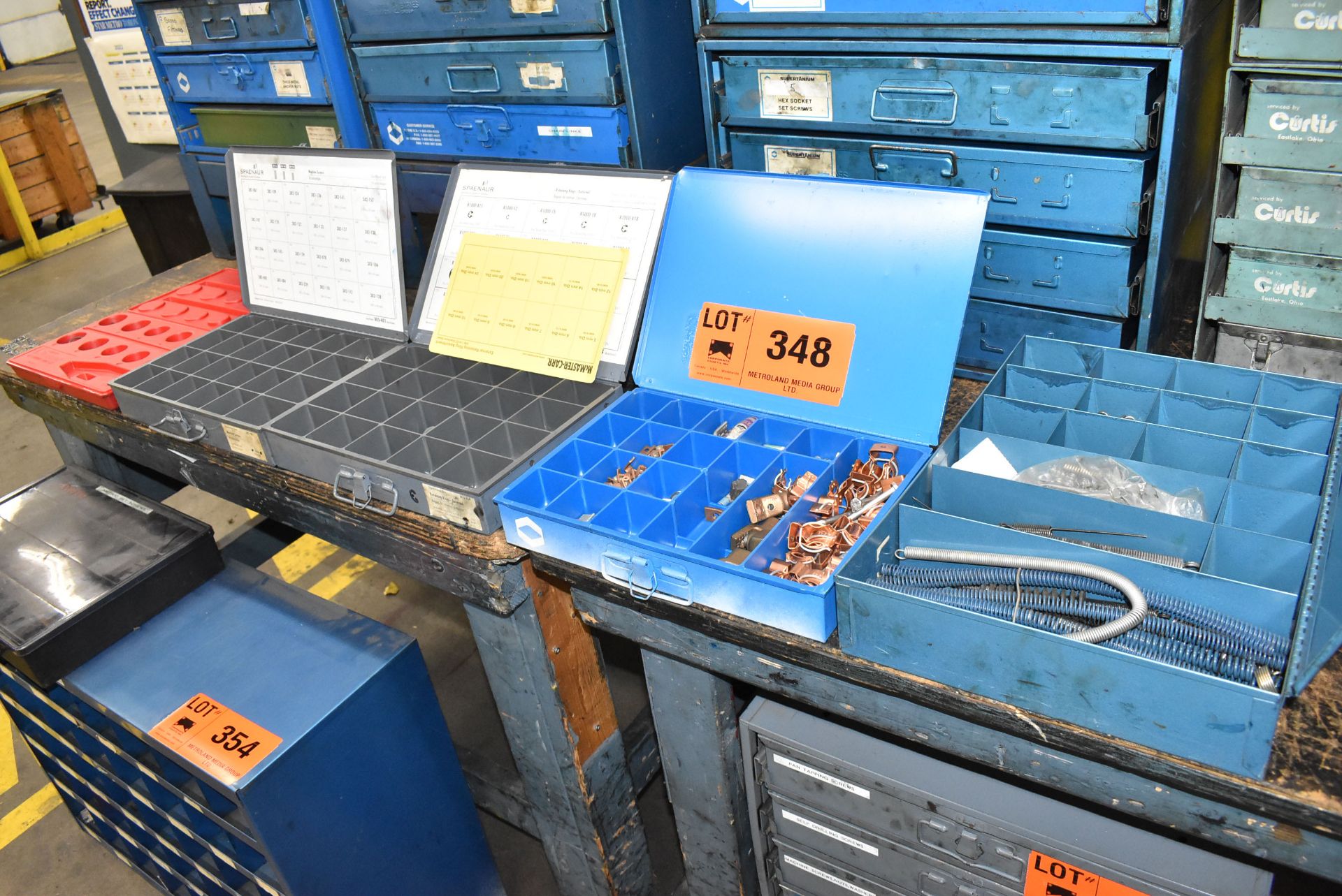 LOT/ (5) STORAGE DRAWERS WITH SPRINGS, ELECTRICAL CONNECTORS, RETAINING RINGS & HARDWARE