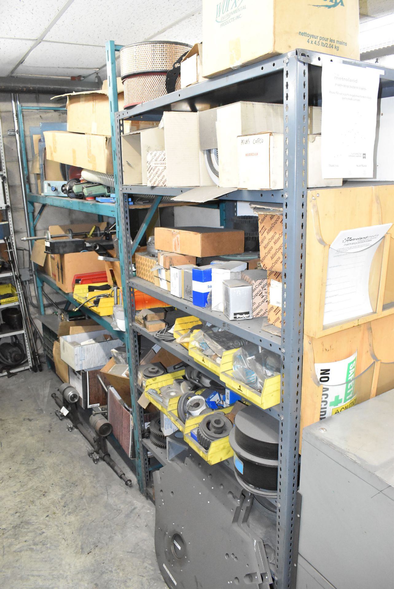 LOT/ (2) SECTIONS OF STEEL SHELVING WITH CONTENTS - INCLUDING AIR FILTERS, SPROCKETS, GEARS, BELTS - Image 3 of 11