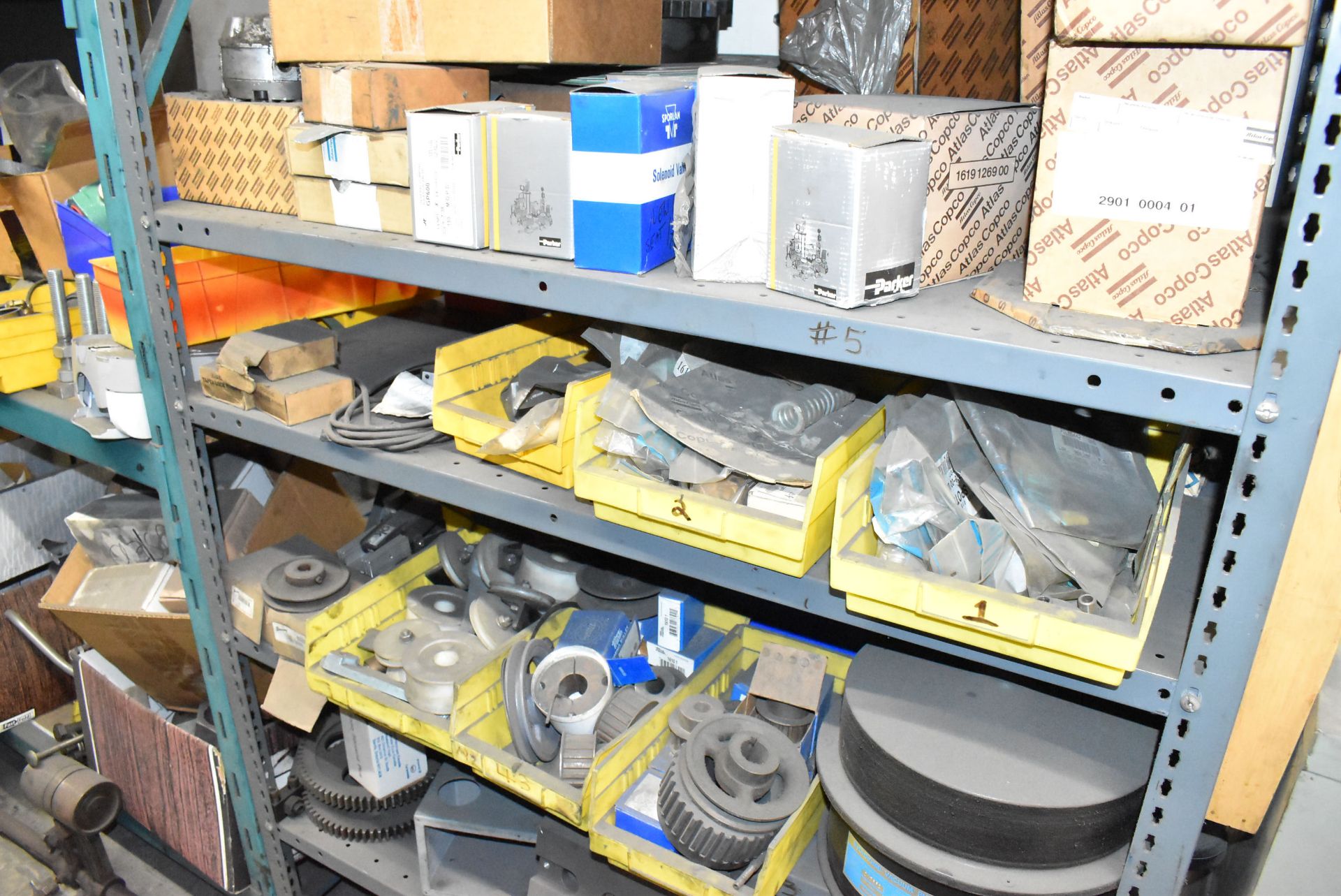 LOT/ (2) SECTIONS OF STEEL SHELVING WITH CONTENTS - INCLUDING AIR FILTERS, SPROCKETS, GEARS, BELTS - Image 6 of 11