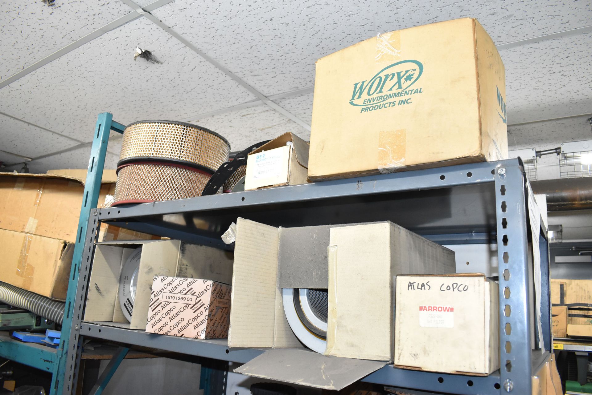 LOT/ (2) SECTIONS OF STEEL SHELVING WITH CONTENTS - INCLUDING AIR FILTERS, SPROCKETS, GEARS, BELTS - Image 4 of 11