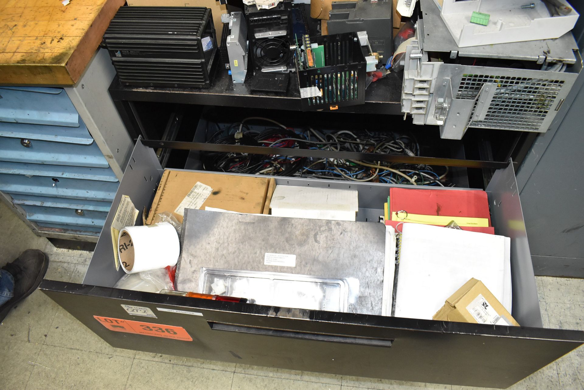 LOT/ 2-DRAWER LATERAL FILE CABINET WITH CONTENTS - INCLUDING CIRCUIT BOARDS, CABLES, ELECTRICAL - Image 2 of 3