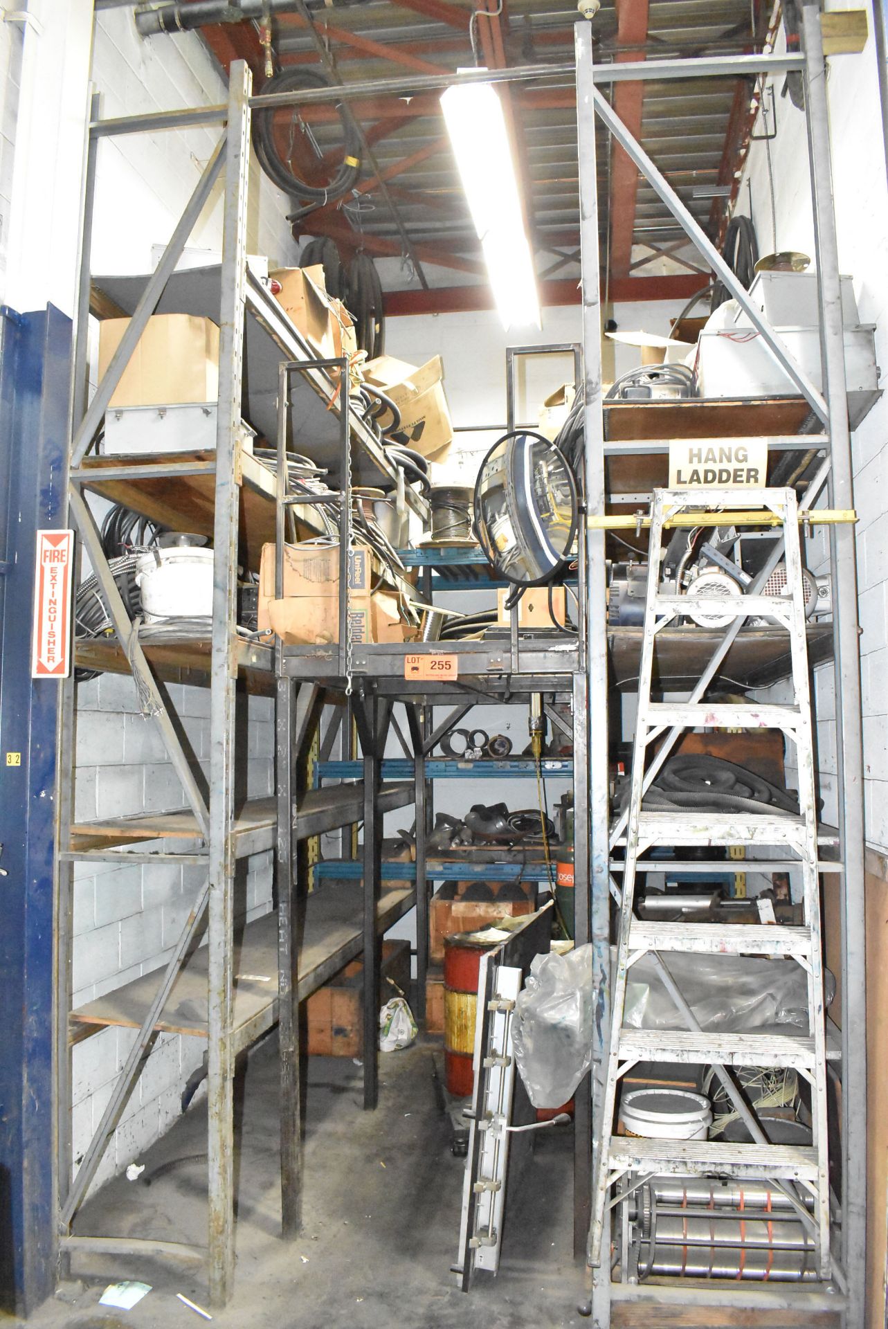 LOT/ (3) SECTIONS OF STEEL RACK WITH CONTENTS - INCLUDING ELECTRIC MOTORS, HYDRAULIC HOSES, ELECTRIC