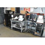 LOT/ WORK STANDS, SHOP TABLE & FILE CABINETS WITH CONTENTS - INCLUDING SMALL APPLIANCES, SHOP VAC,
