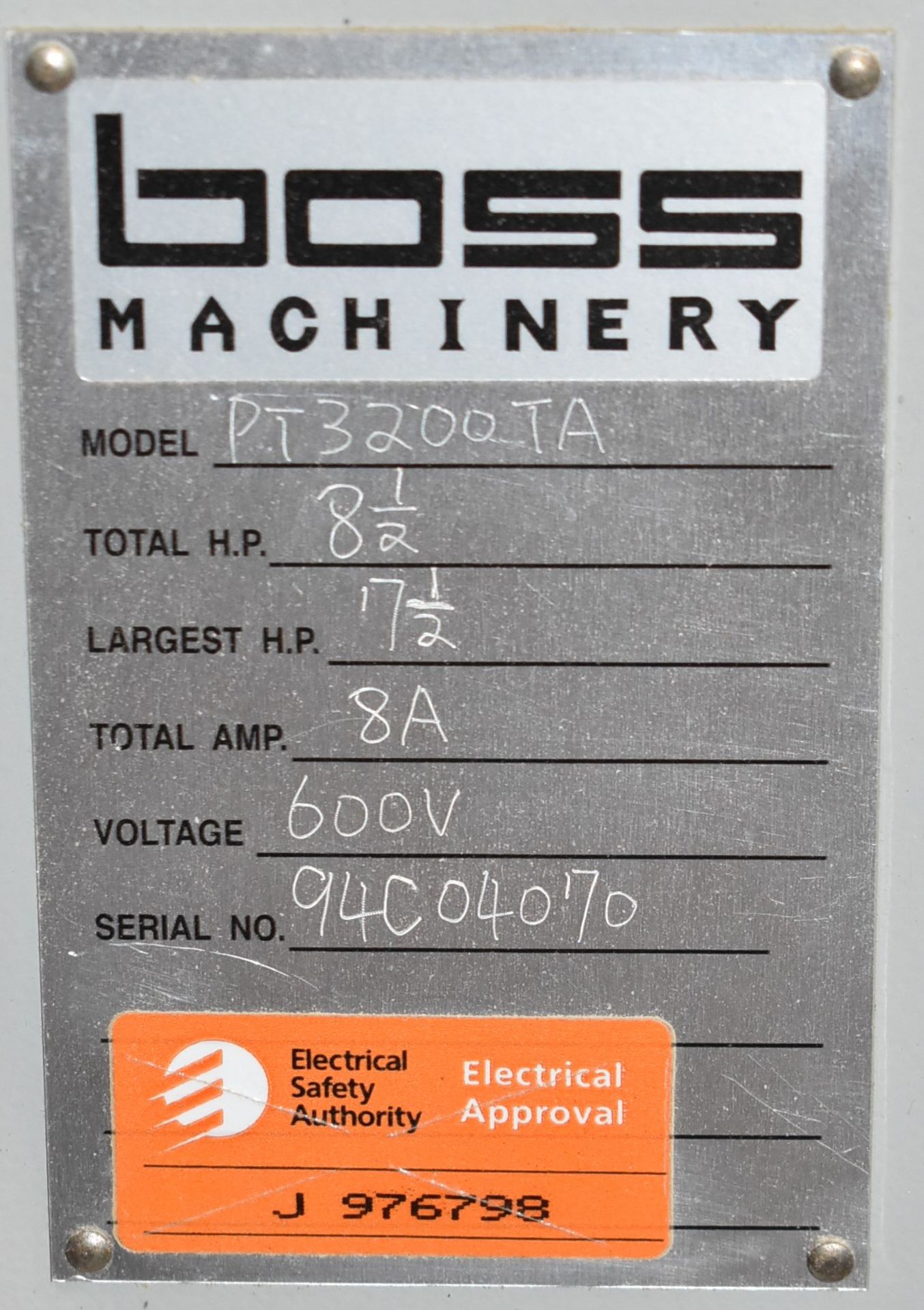 BOSS MACHINERY PT3200TA 12" TABLESAW WITH DIGITAL CONTROLS, 7.5 HP MOTOR, 600V/3PH/60HZ, S/N - Image 5 of 9