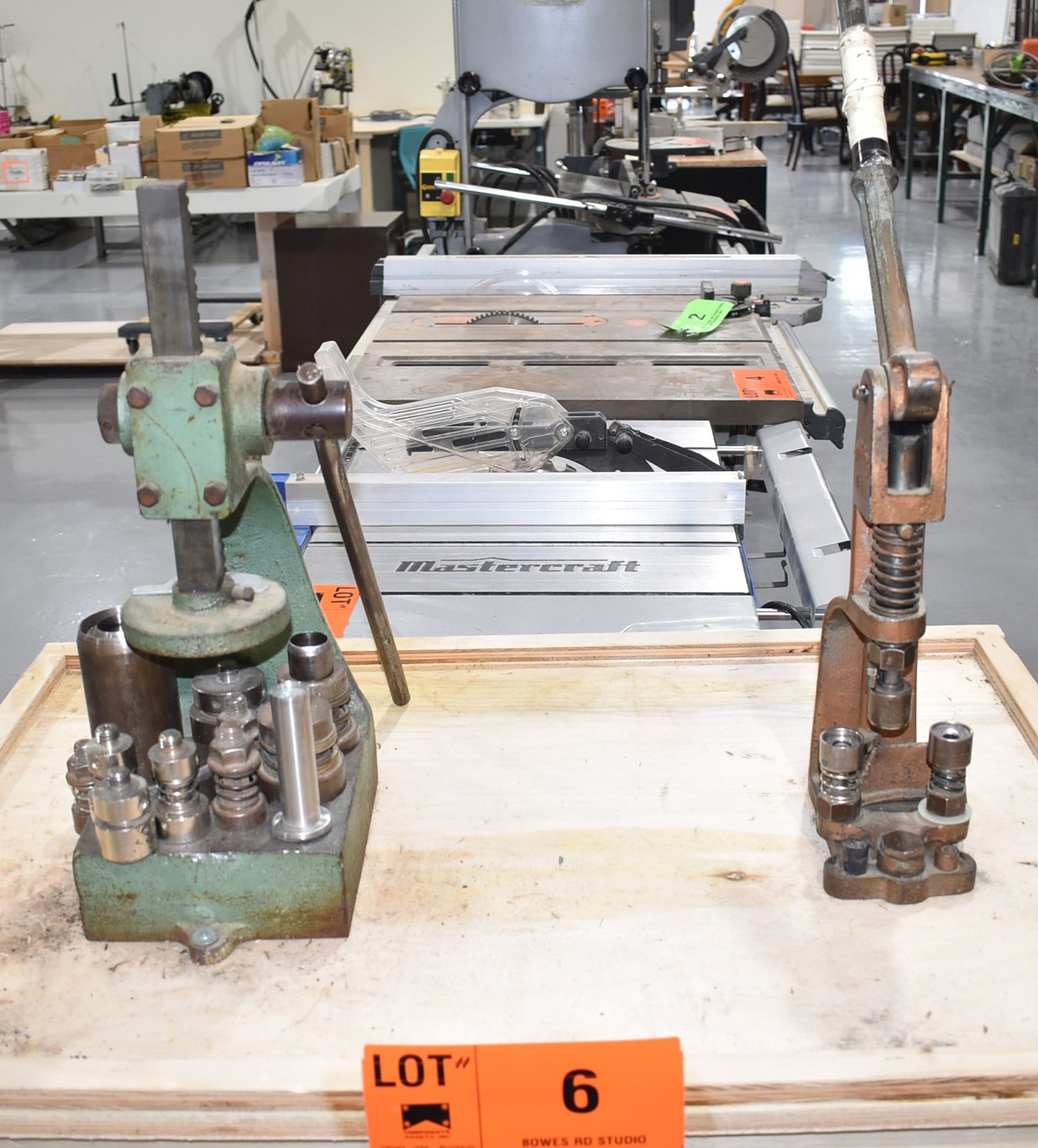 LOT/ HANDY BUTTON MACH CO HANDY NO 2 & NO 11 ARBOR BUTTON PRESSES WITH WOOD STAND