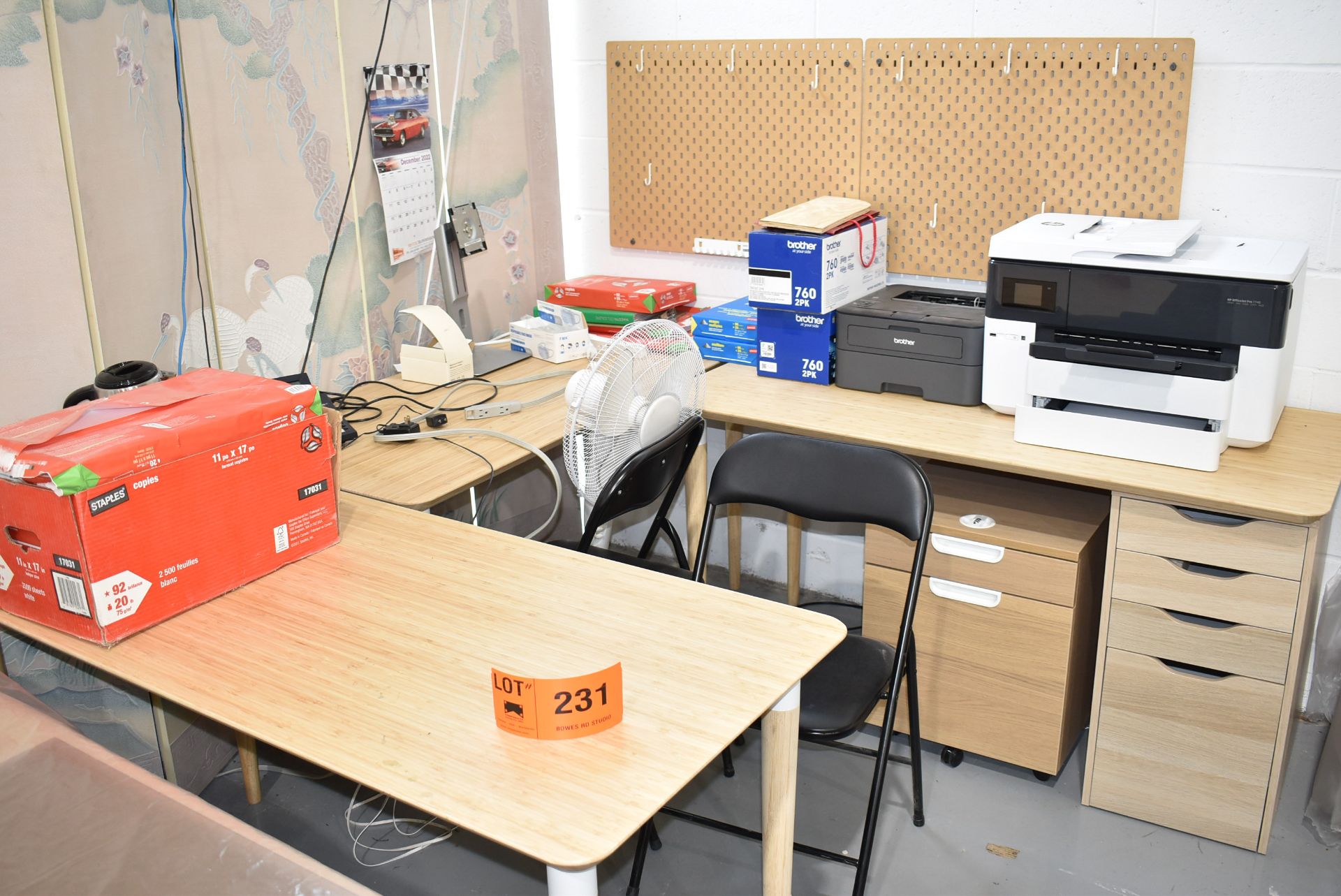 LOT/ (4) OFFICE DESKS WITH (2) PRINTERS, FAN & SUPPLIES - Image 2 of 3