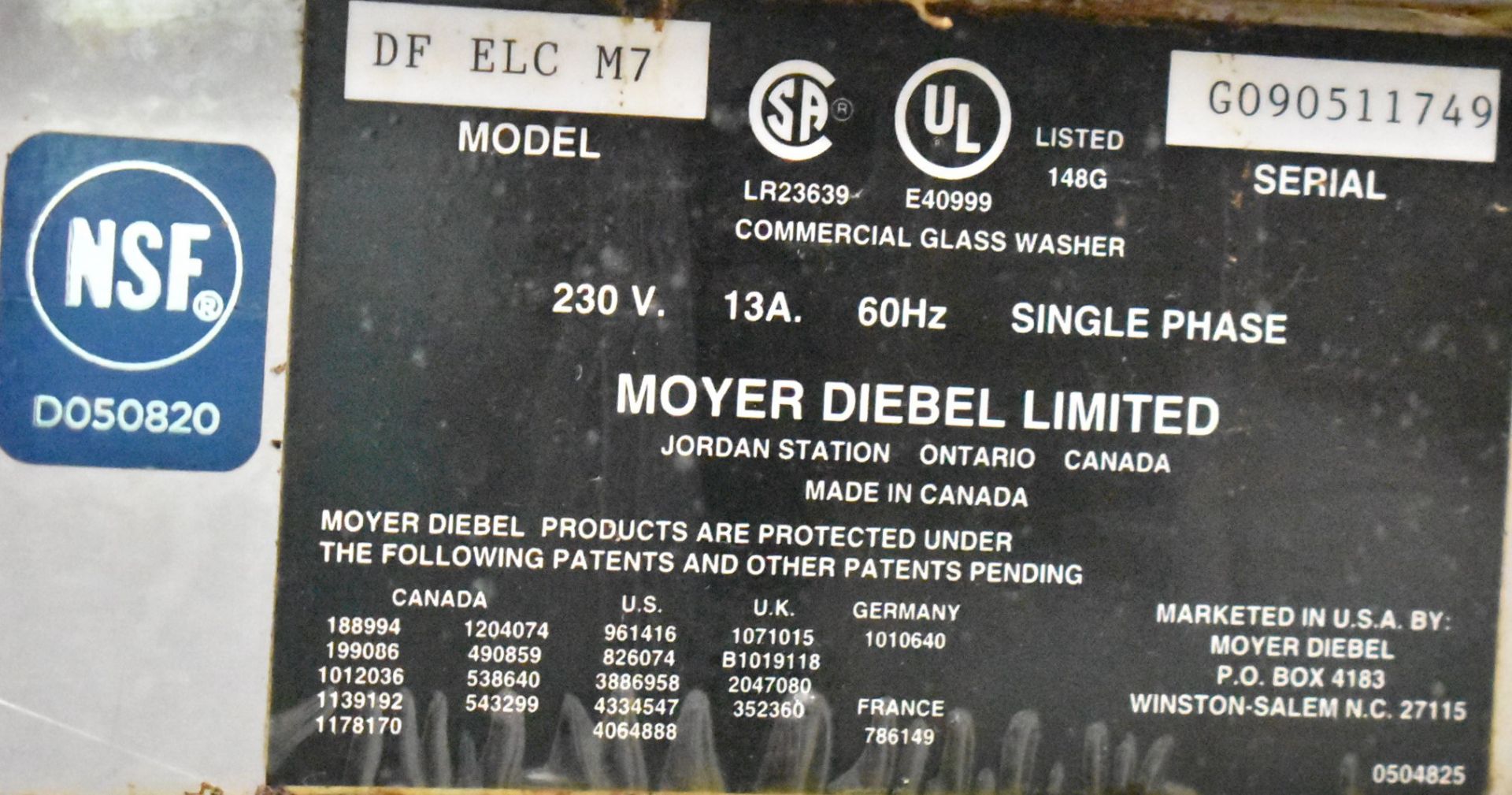 MOYER DIEBEL DF ELC M7 COMMERCIAL GLASS WASHER, S/N G090511749 [RIGGING FEES FOR LOT #142 - $25 - Image 3 of 3
