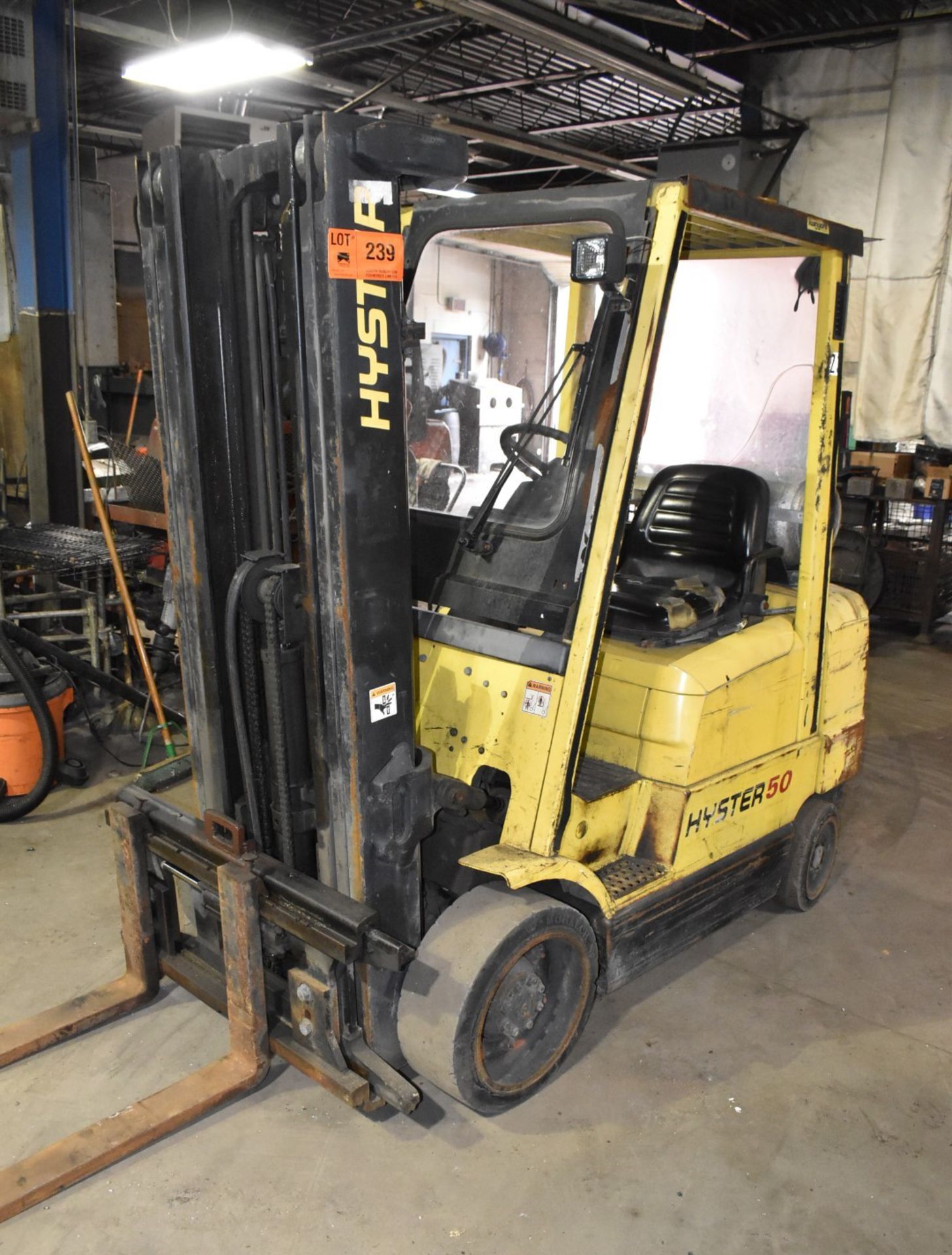 HYSTER S50XM 5,000 LB. CAPACITY LPG FORKLIFT WITH 189" MAX. LIFT HEIGHT, 3-STAGE MAST, SIDE SHIFT,