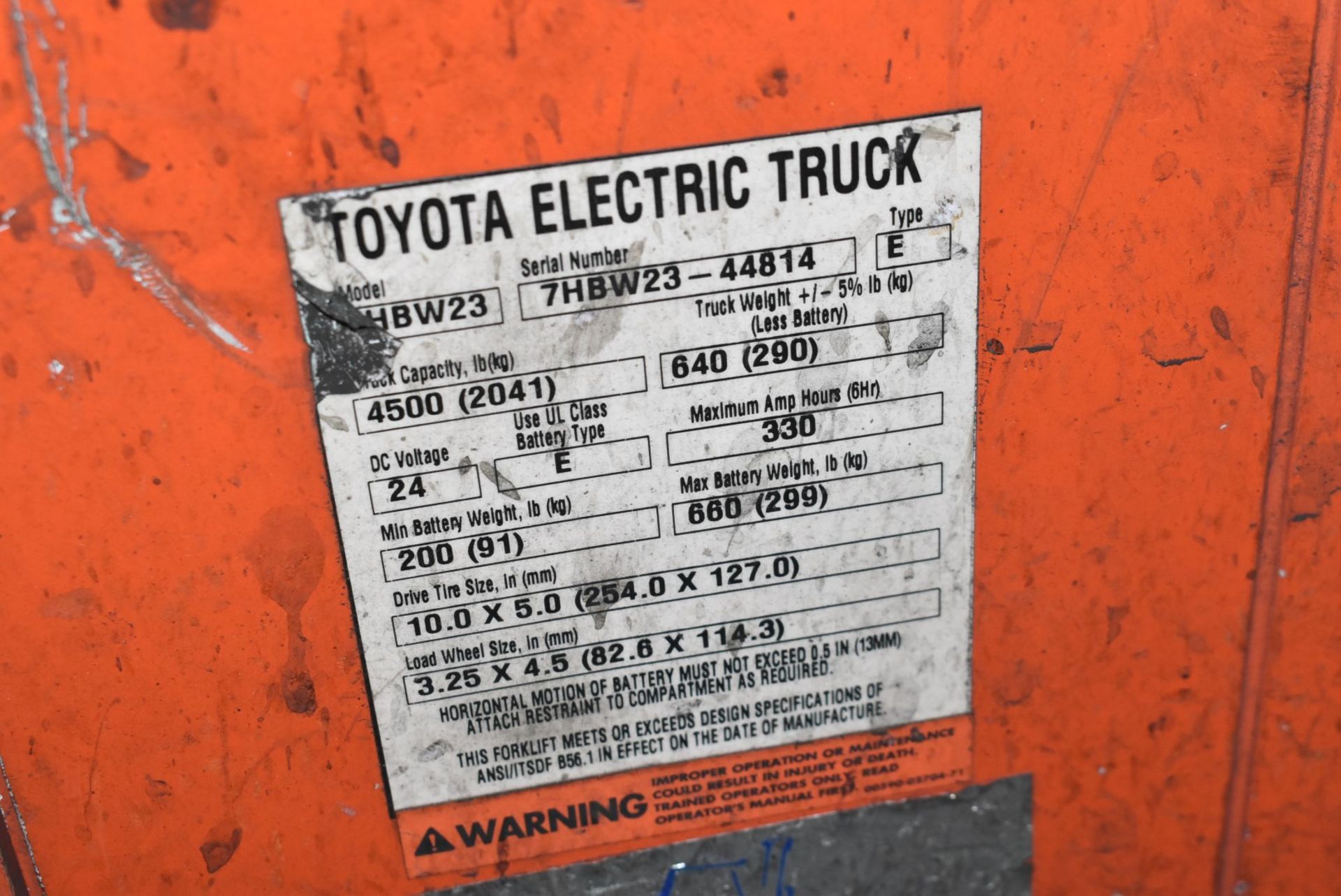 TOYOTA 7HBW23 4500 LB. CAPACITY 24V ELECTRIC WALK-BEHIND PALLET TRUCK WITH ON-BOARD CHARGER, S/N: - Image 3 of 4