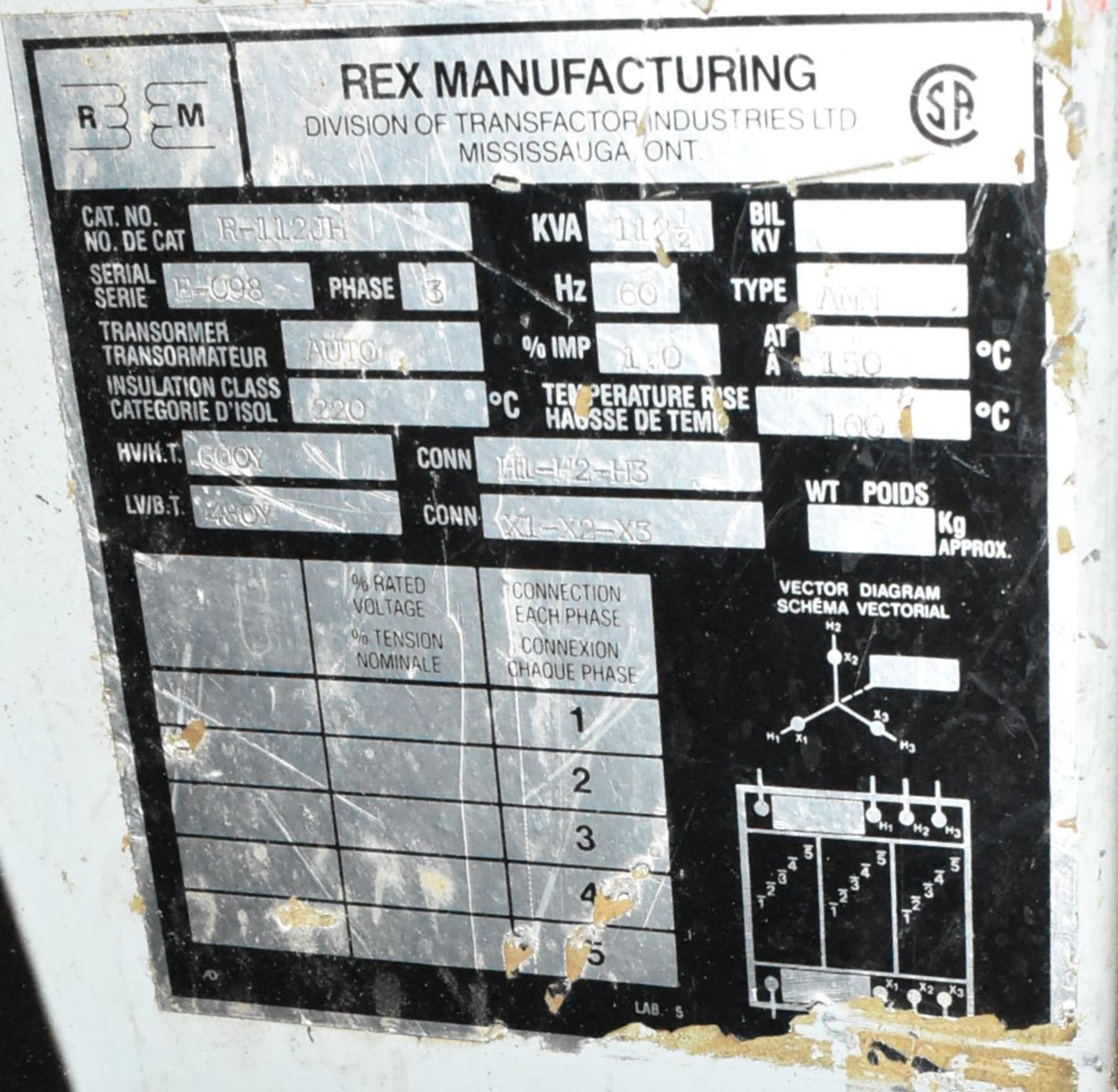 REX MFG R-112JH 112-1/2 KVA TRANSFORMER, 600-480V/3PH/60HZ, S/N E-098 (CI) (NOT IN SERVICE) - Image 2 of 2