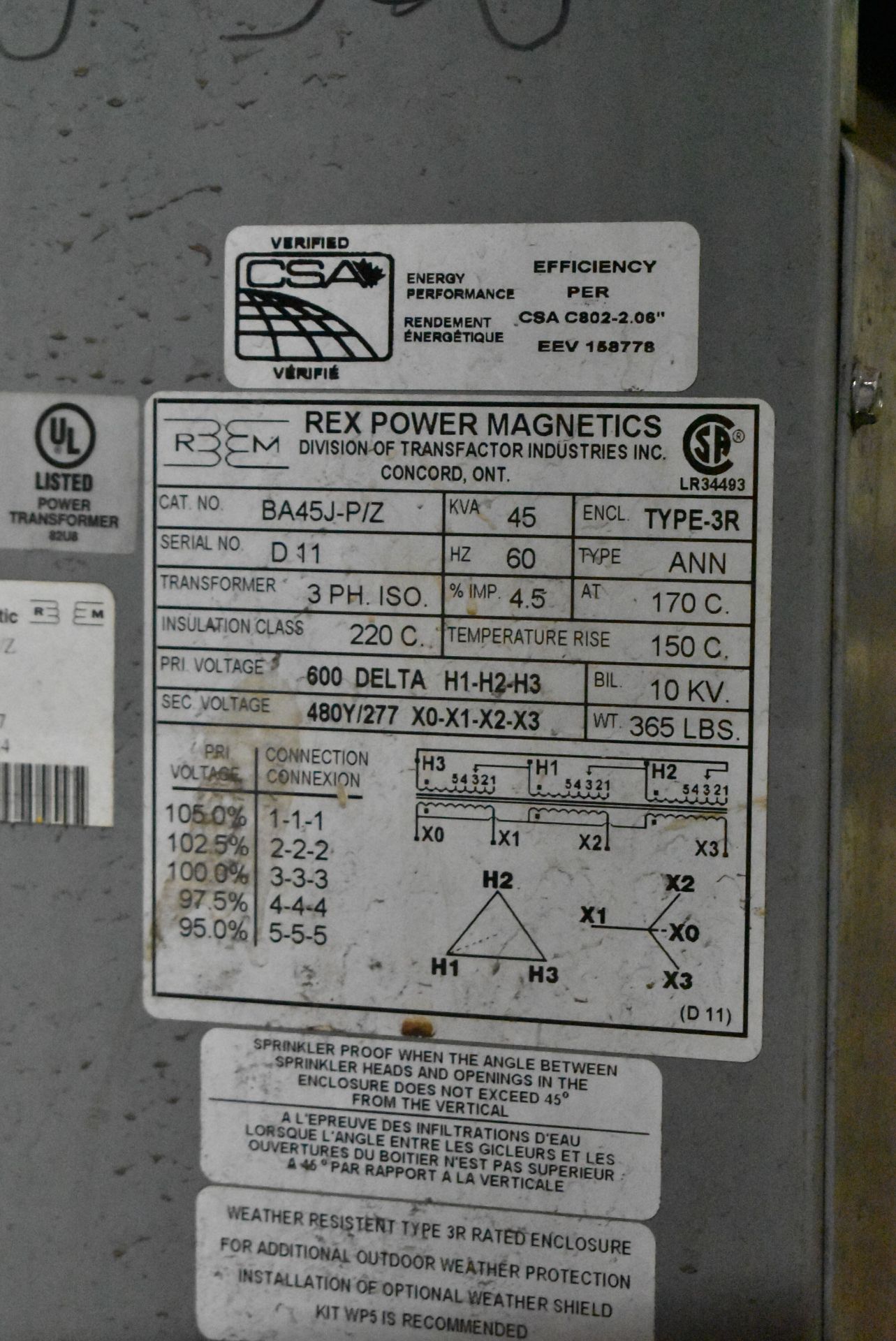 REX MFG. 45 KVA TRANSFORMER WITH 600V PRIMARY, 480Y/277V SECONDARY, 60 HZ (CI) [RIGGING FEES FOR LOT - Image 2 of 2