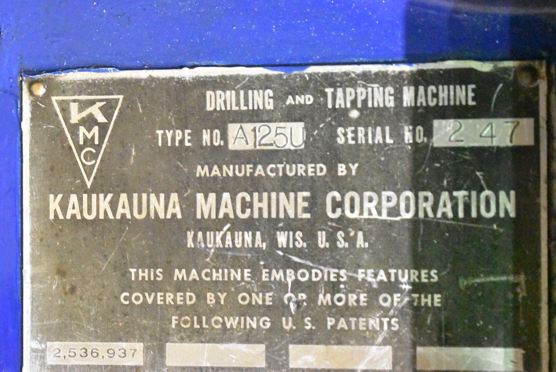 KAUKAUNA A125-U PORTABLE HORIZONTAL DRILLING & TAPPING MACHINE WITH SPEEDS TO 600 RPM, 50" - Image 8 of 8