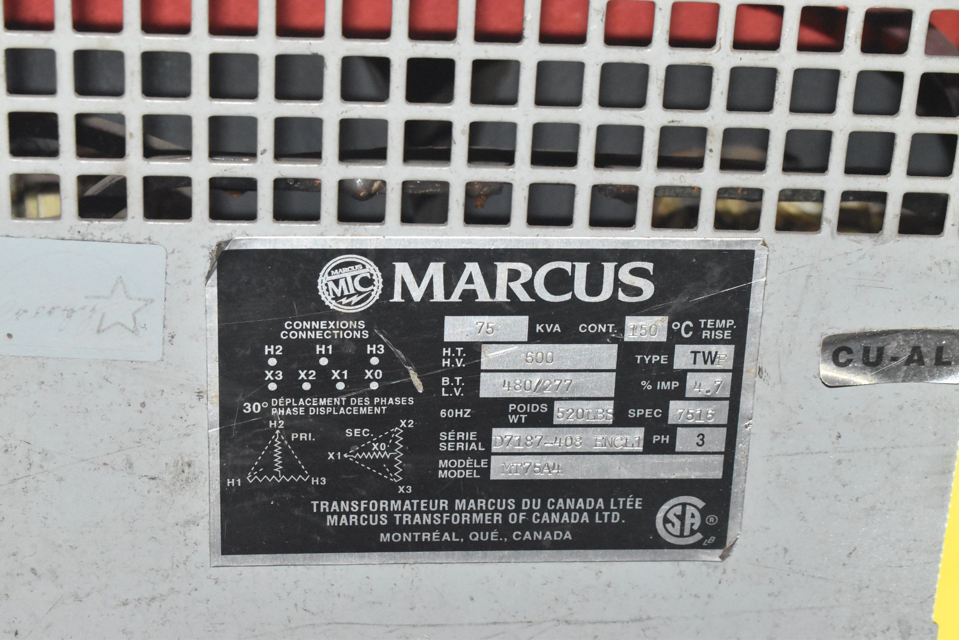 MARCUS 75 KVA TRANSFORMER WITH 600V PRIMARY, 480/277V SECONDARY, 3PH, 60 HZ (CI) (DELAYED - Image 2 of 2