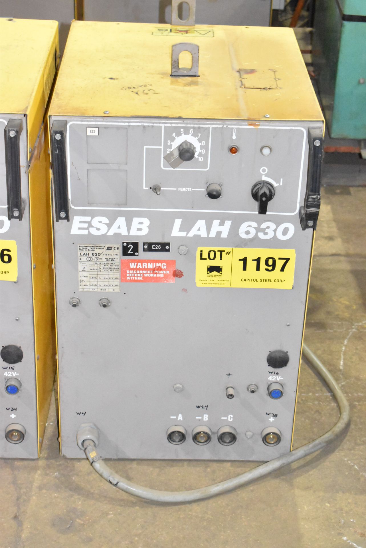 ESAB LAH630 SEMI-AUTOMATIC MIG/MAG WELDING POWER SOURCE, S/N: N/A [RIGGING FEES FOR LOT #1197 - $