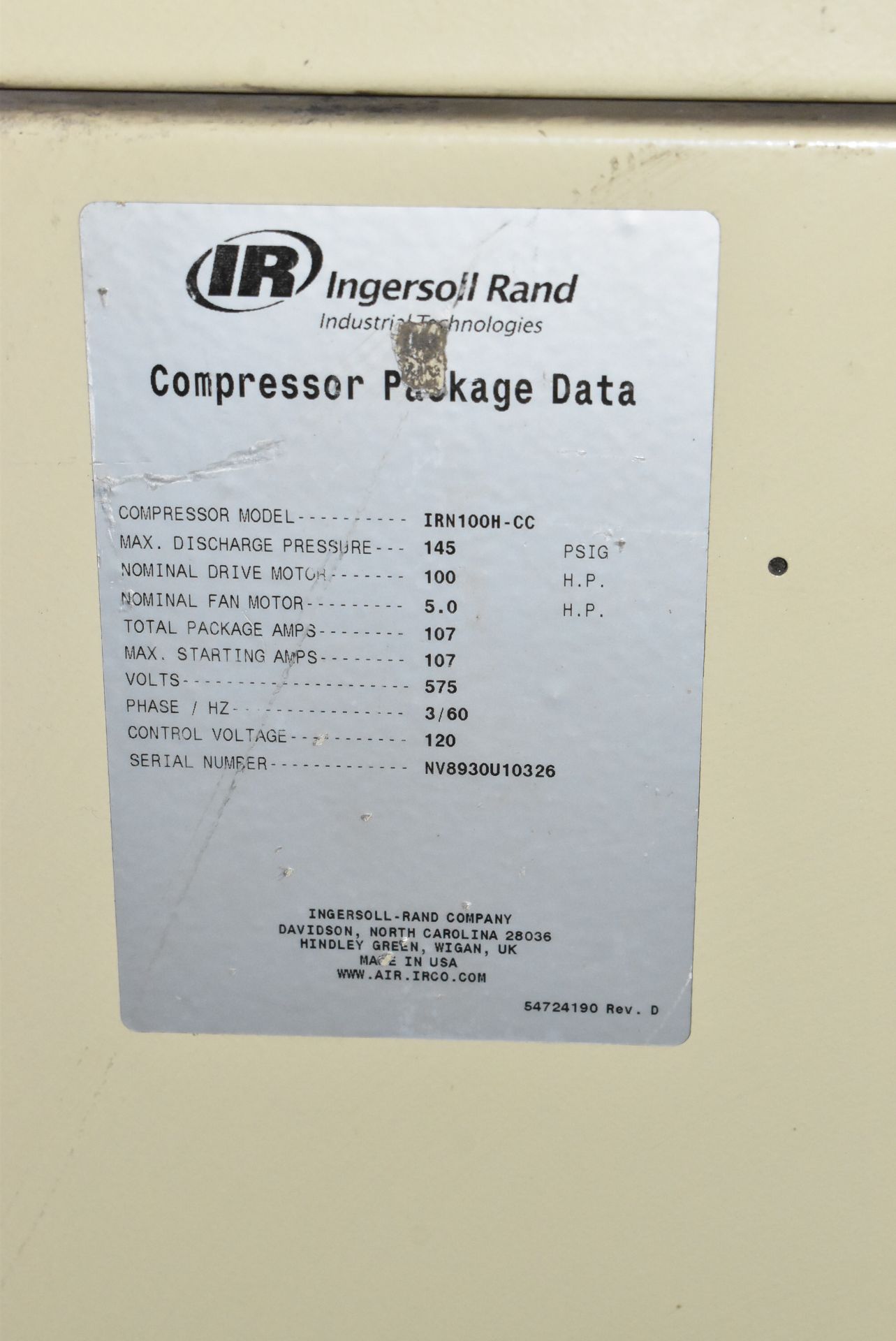 INGERSOLL-RAND IRN100H-CC 100 HP ROTARY SCREW AIR COMPRESSOR WITH DIGITAL CONTROL, S/N: NV8930U10326 - Image 5 of 5
