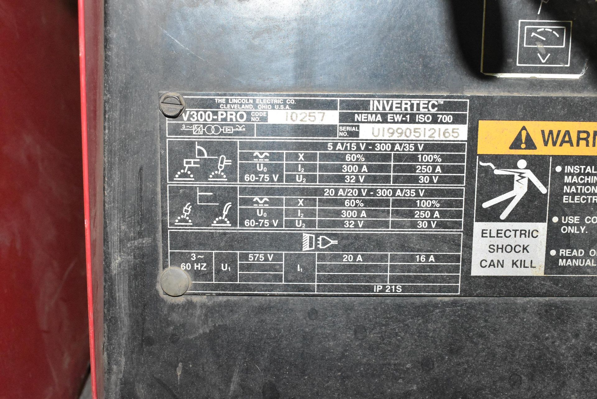 LINCOLN ELECTRIC INVERTEC V300-PRO MULTI-PROCESS WELDING POWER SOURCE,S/N: N/A (CI) [RIGGING FEES - Image 3 of 3