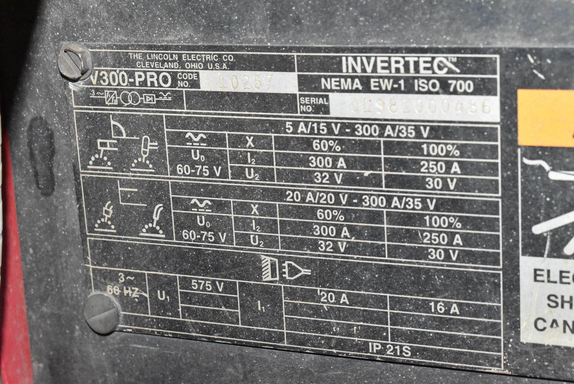LINCOLN ELECTRIC INVERTEC V300-PRO MULTI-PROCESS WELDING POWER SOURCE,S/N: N/A (CI) [RIGGING FEES - Image 3 of 3