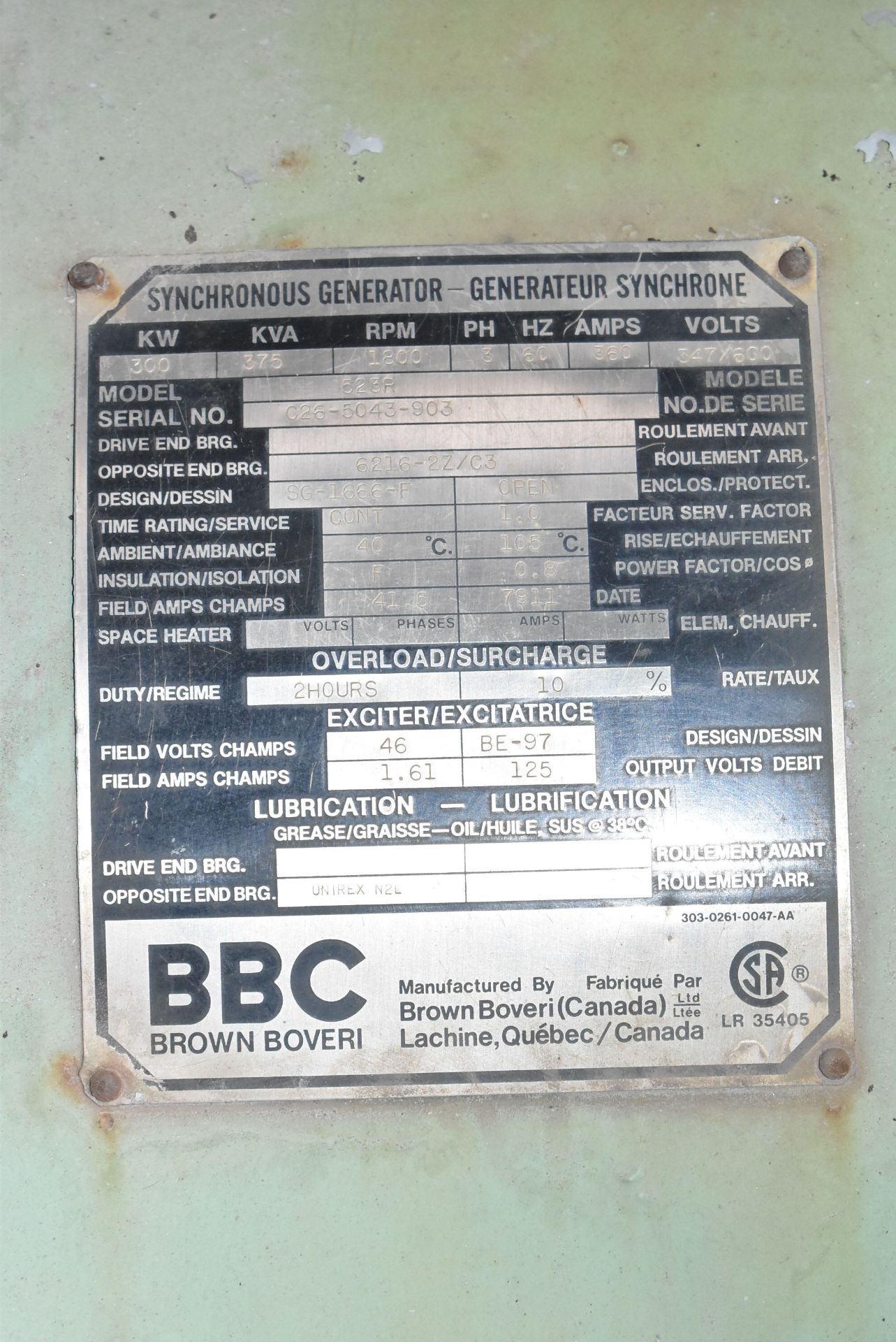 BBC BROWN BOVERI 523R 375 KVA SKID-MOUNTED SYNCHRONOUS DIESEL GENERATOR WITH DETROIT DIESEL - Image 6 of 7