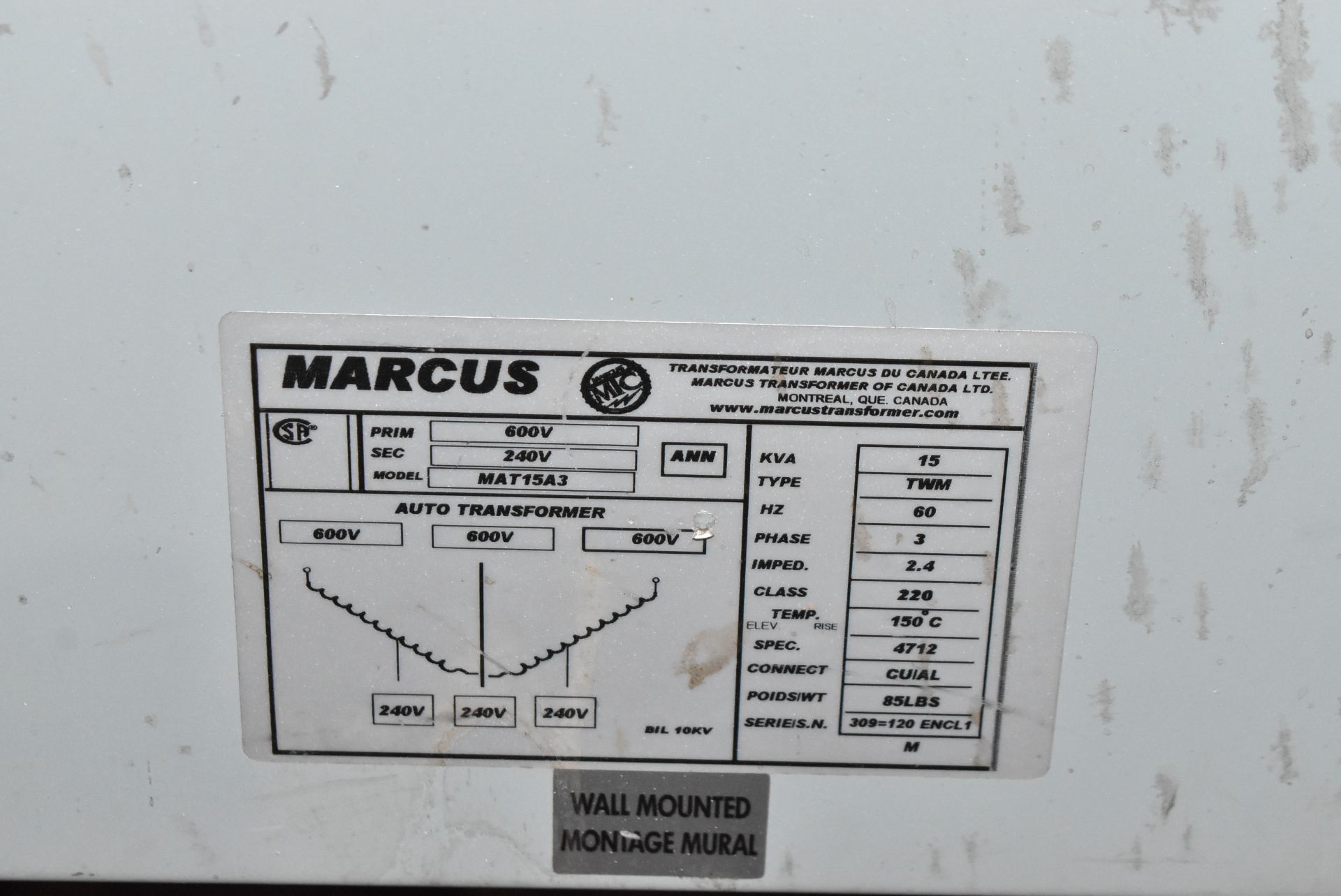 MARCUS 15 KVA TRANSFORMER WITH 600V PRIMARY, 240V SECONDARY, 3PH, 60 HZ (CI) (DELAYED DELIVERY) [ - Image 3 of 3