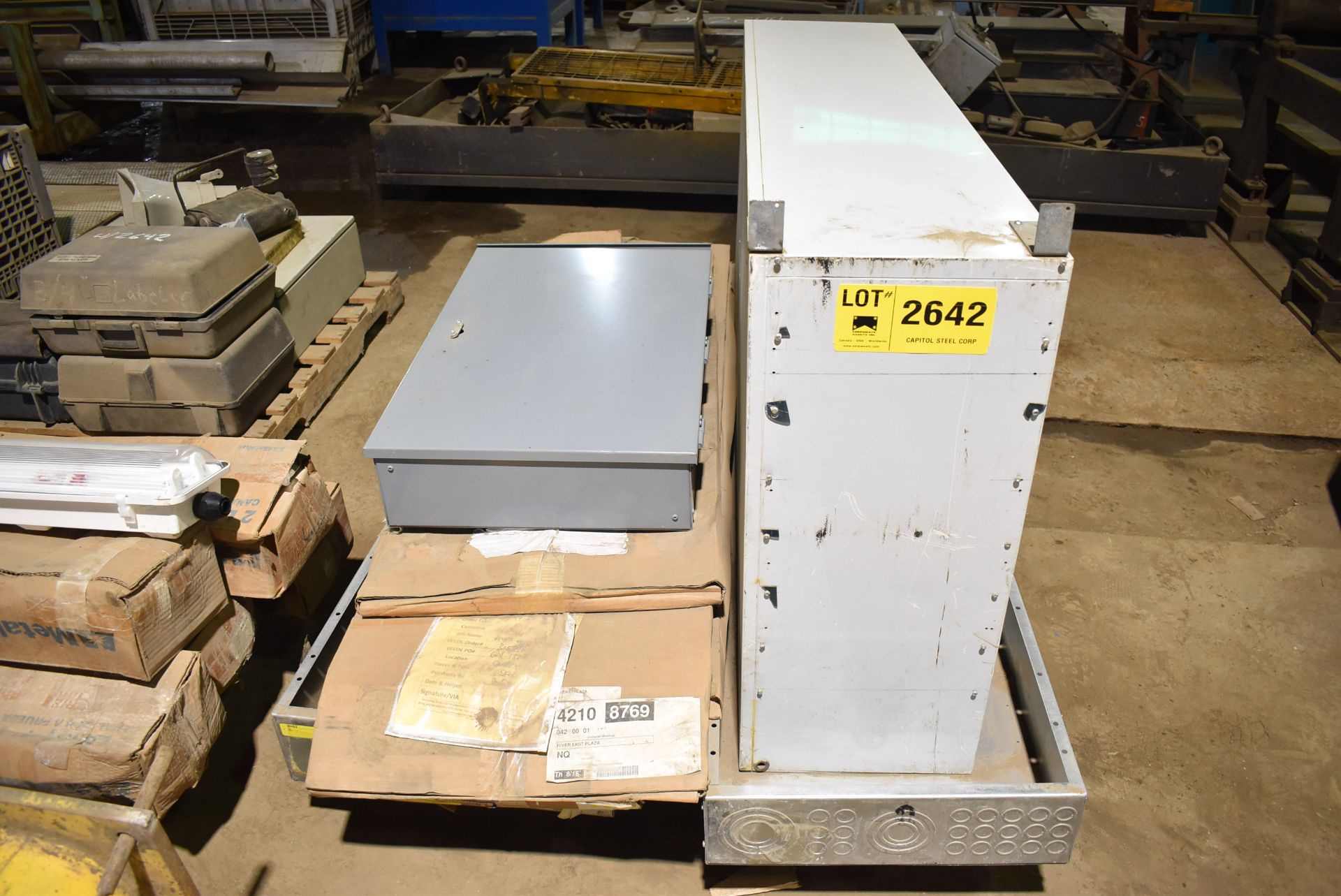 LOT/ (3) SKIDS WITH ELECTRICAL PANELS & BOXES, BREAKER PANEL COVERS, SEALED OVERHEAD LIGHT FIXTURES, - Image 2 of 12