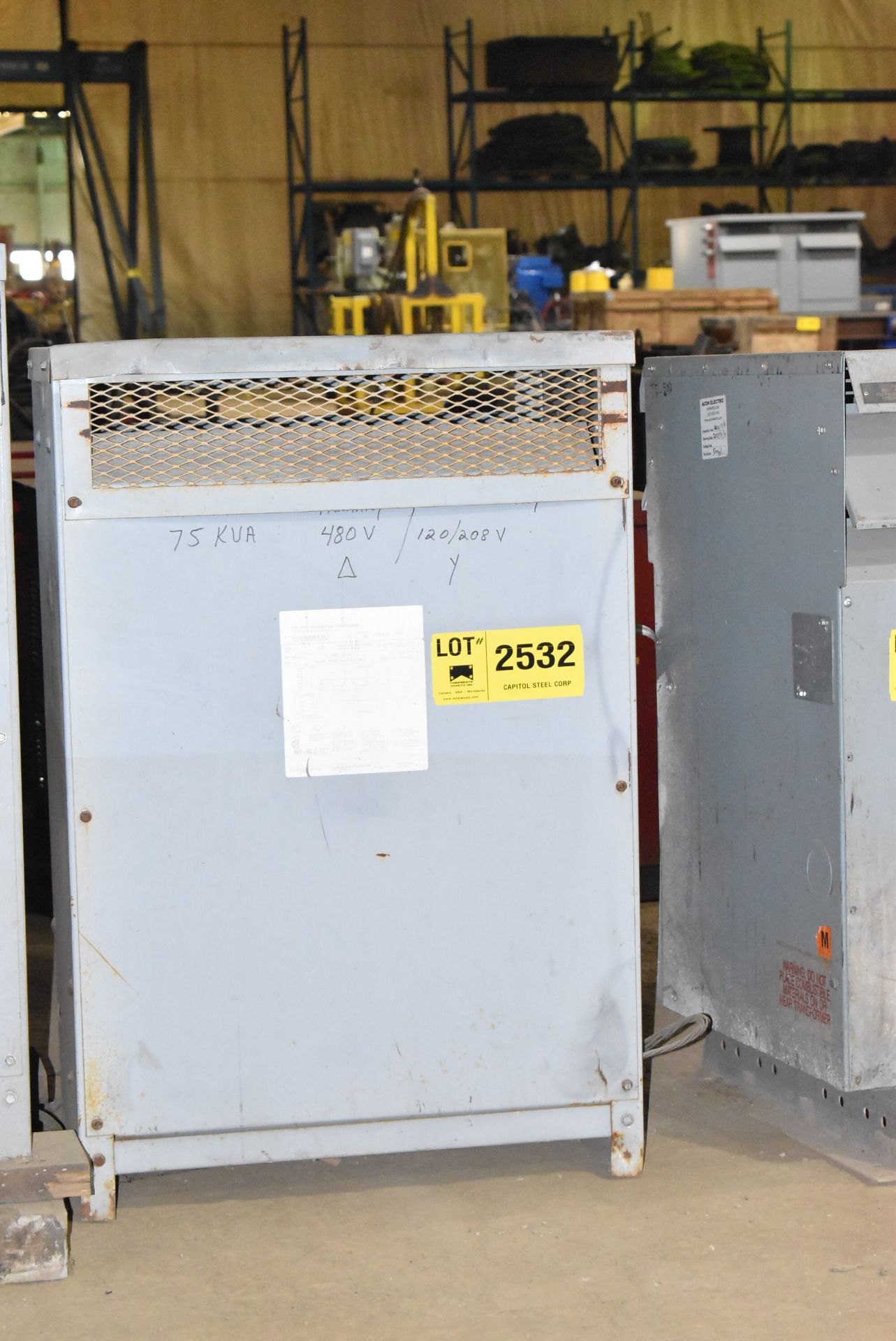 75 KVA TRANSFORMER WITH 480V PRIMARY, 208Y/120V SECONDARY, 3PH, 60 HZ [RIGGING FEES FOR LOT # - Image 2 of 6