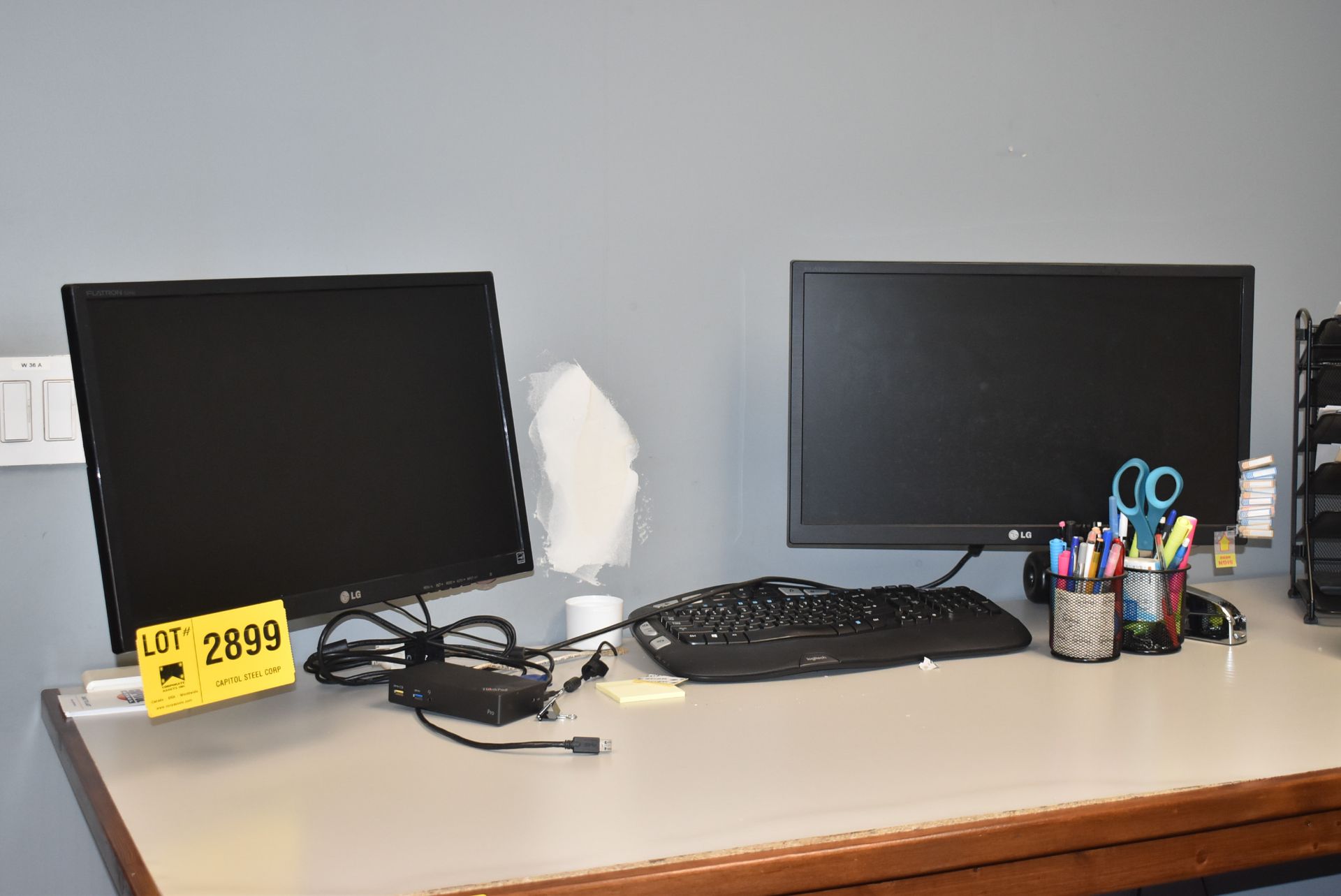 LOT/ FLATSCREEN COMPUTER MONITORS WITH MOUNTING BRACKETS, KEYBOARDS & MICE THROUGHOUT OFFICE (CPUs